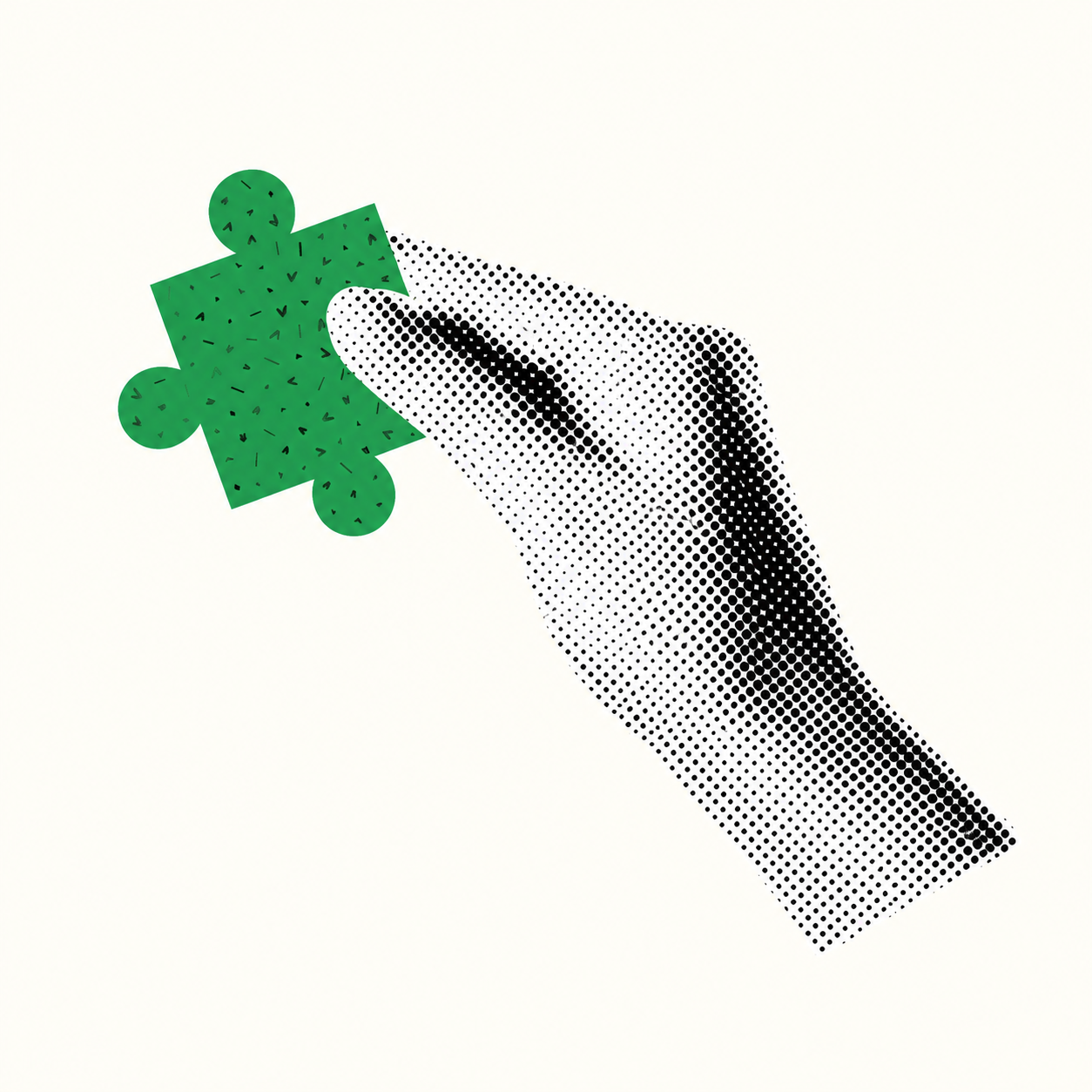 Black-and-white halftone hand holding a green puzzle piece.
