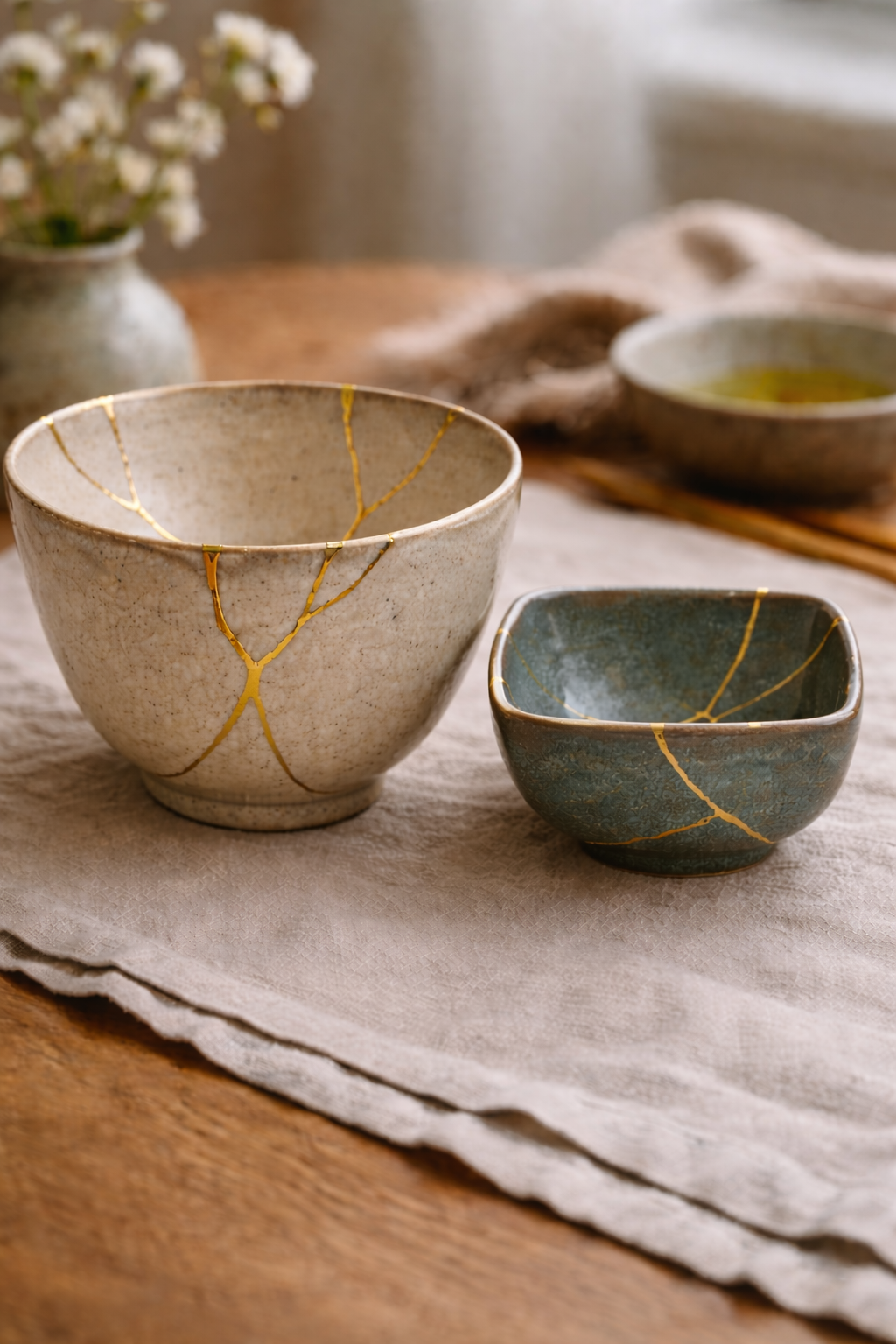 Two ceramic bowls with gold crackle glaze, one large and one small, displayed on a beige cloth on a wooden table, with a blurred background of a third bowl and a flower vase.
