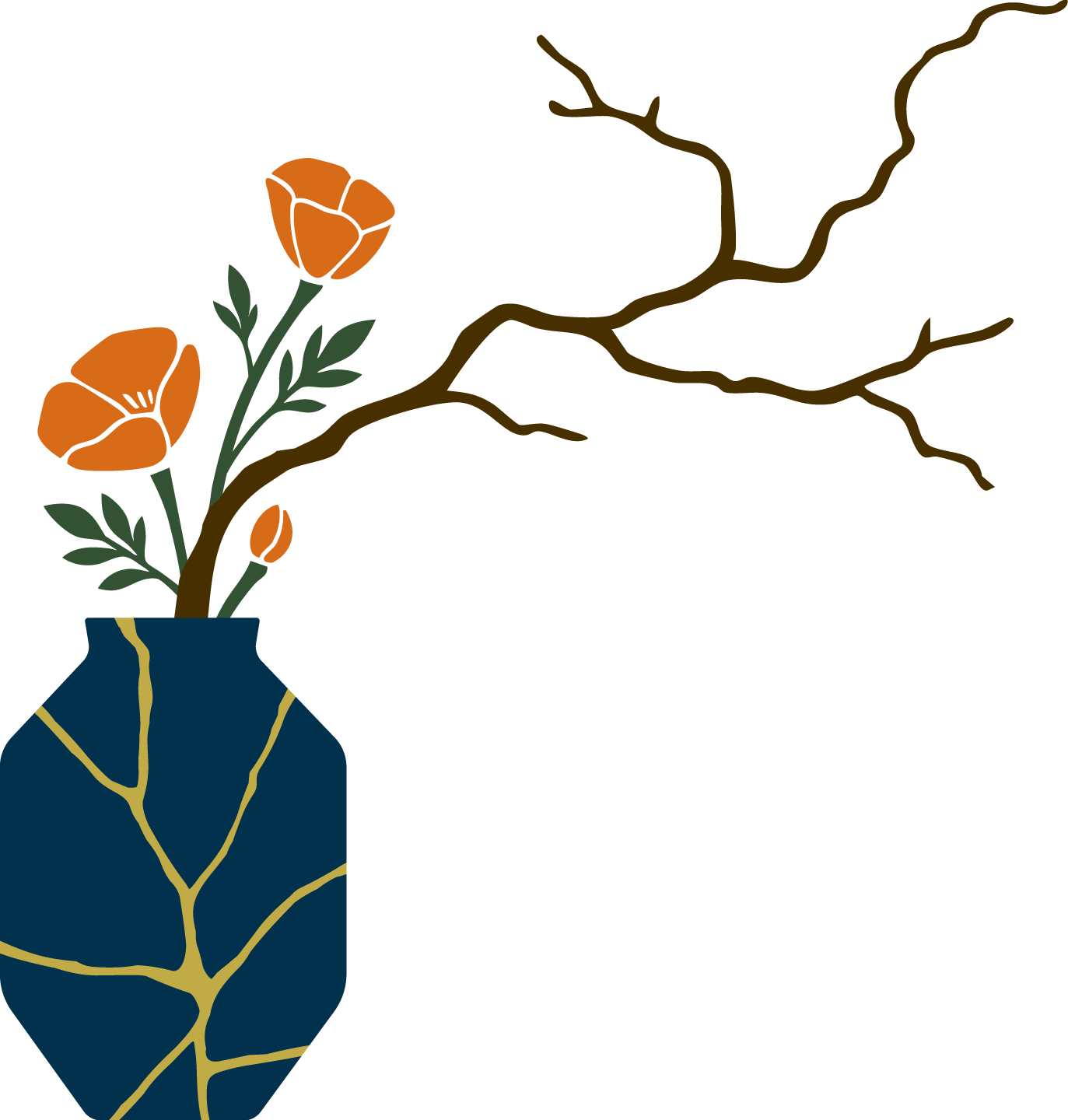A digital illustration of an orange flower in a dark blue vase with gold veins, alongside an abstract brown branch extending to the right.