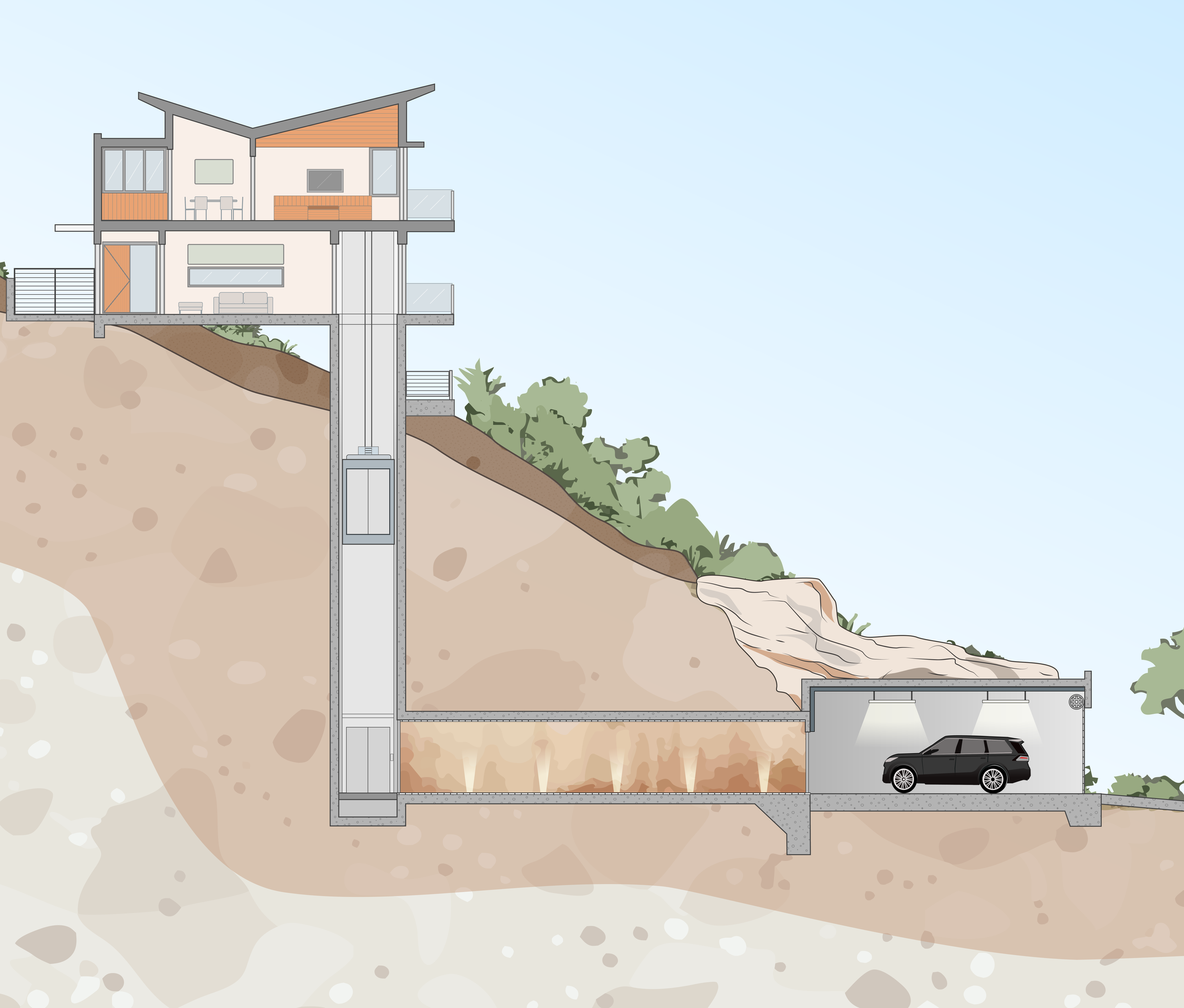 Cross-section of a modern multi-story house built on a slope, connected to an underground garage with an underground elevator and secret tunnel.