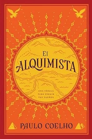 Book cover titled 'El Alquimista' by Paulo Coelho, featuring a yellow circular design with a red background, decorative patterns, and two flying birds in the corners.