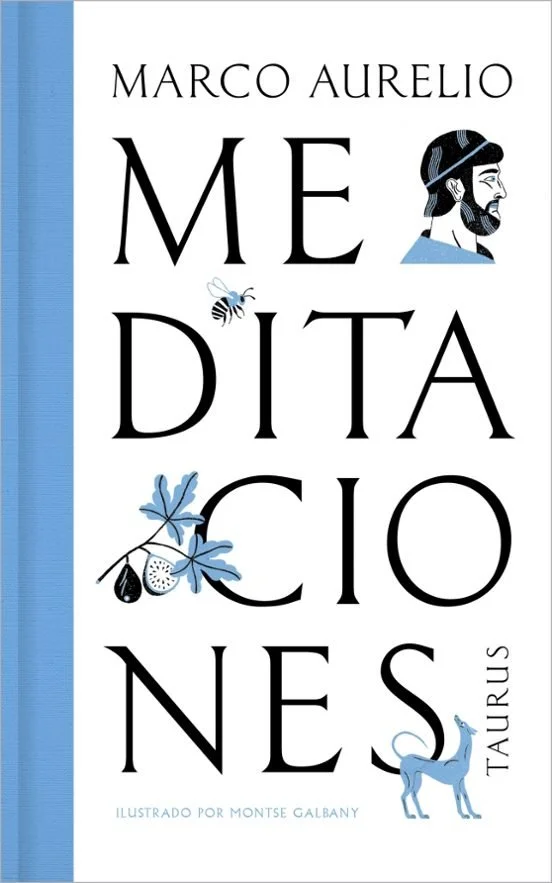 Book cover titled 'MEDITACIONES' by Marco Aurelio, illustrated by Montse Galbany. Features a profile illustration of a man with a beard, a bee, an ivy leaf, a butterfly, and a blue dog image.