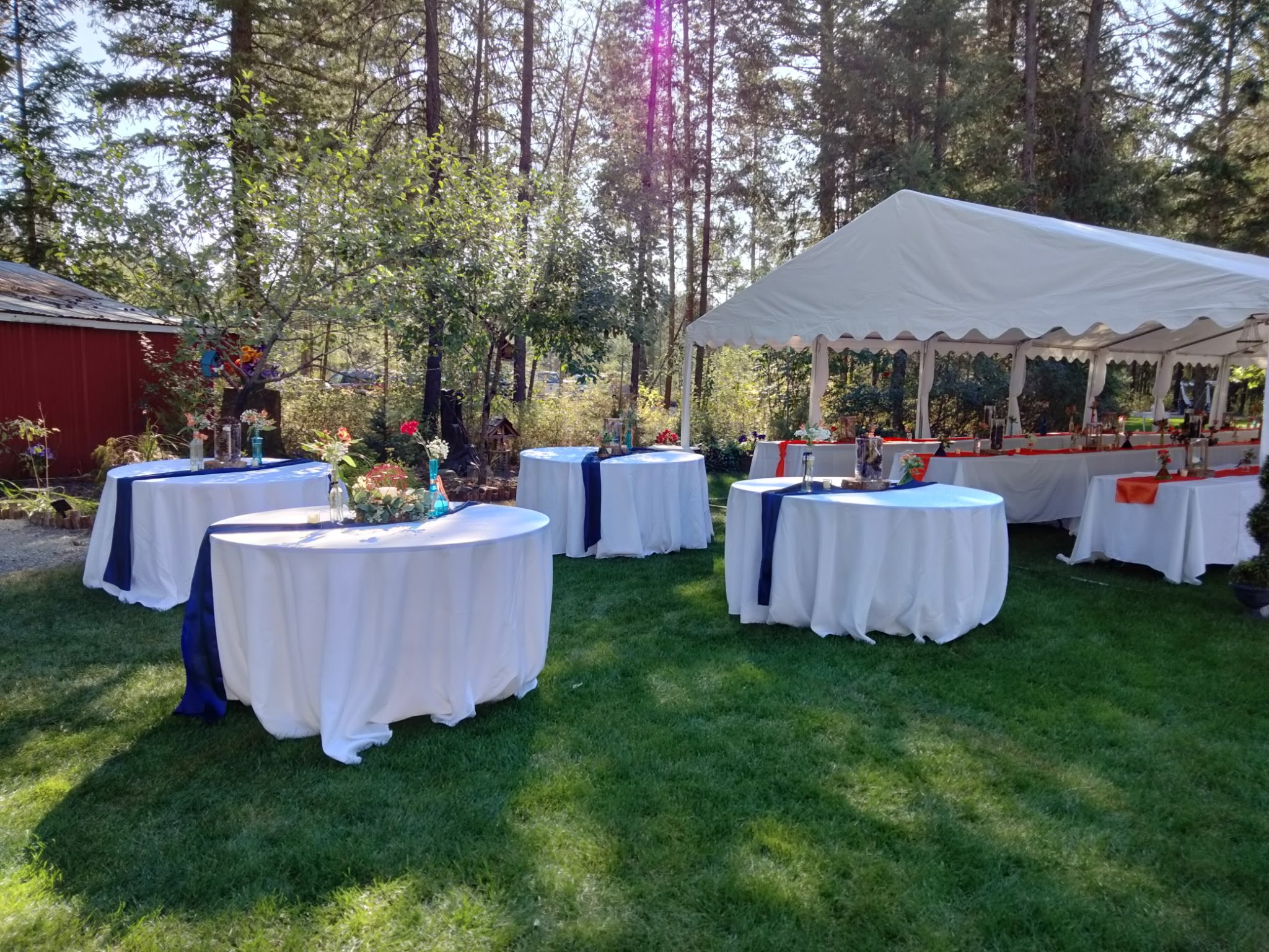 Outdoor event setup with several round tables covered in white tablecloths, decorated with flowers, under a white canopy tent on green grass with trees in the background.