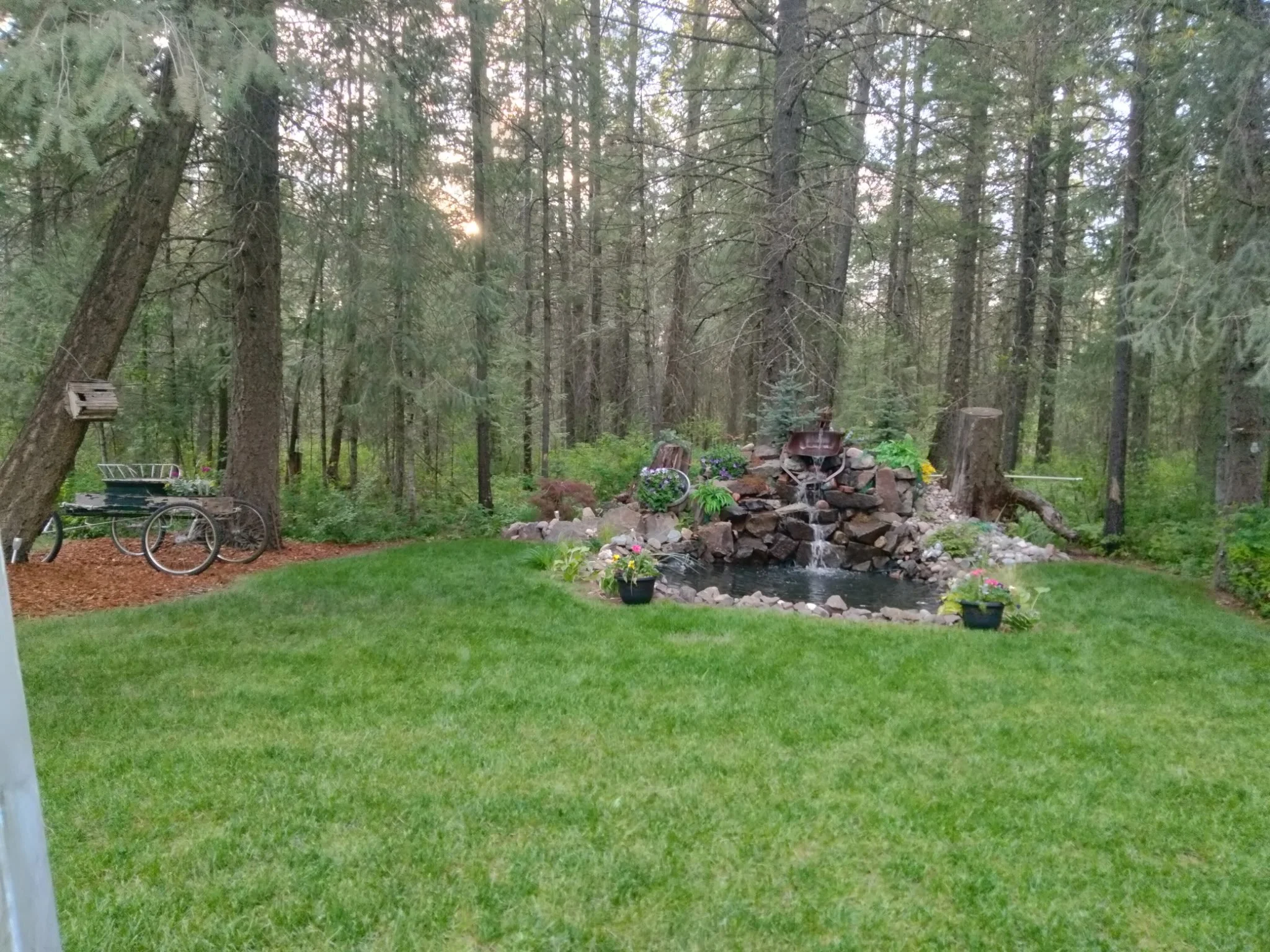 A backyard with a grassy lawn, a firepit surrounded by flowers, trees, and a wooded forest in the background.