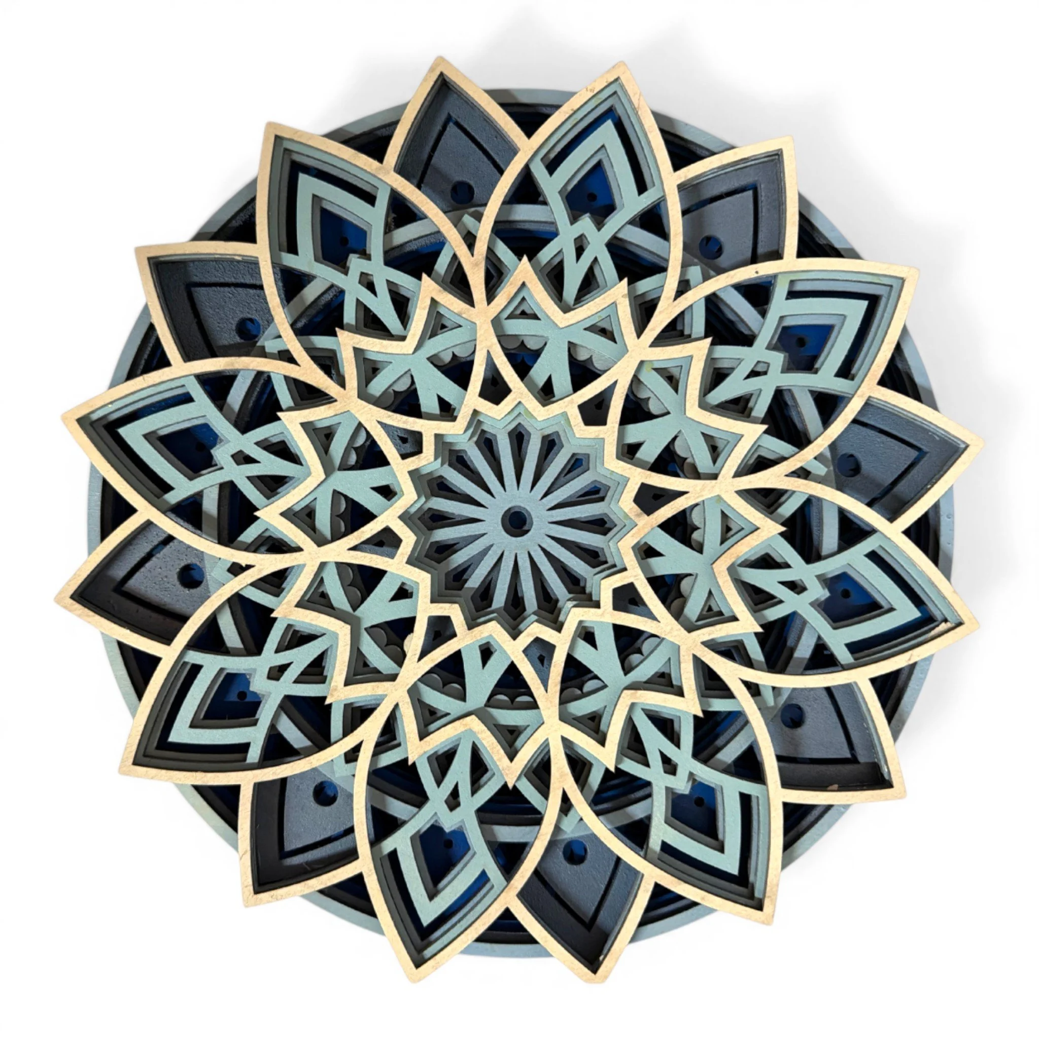 Blue Mandala Wood Wall Art – 7 Layer Geometric Wall Decor – 11x11 Layered Wooden Mandala – Boho Home Decor – Handmade Wall Hanging