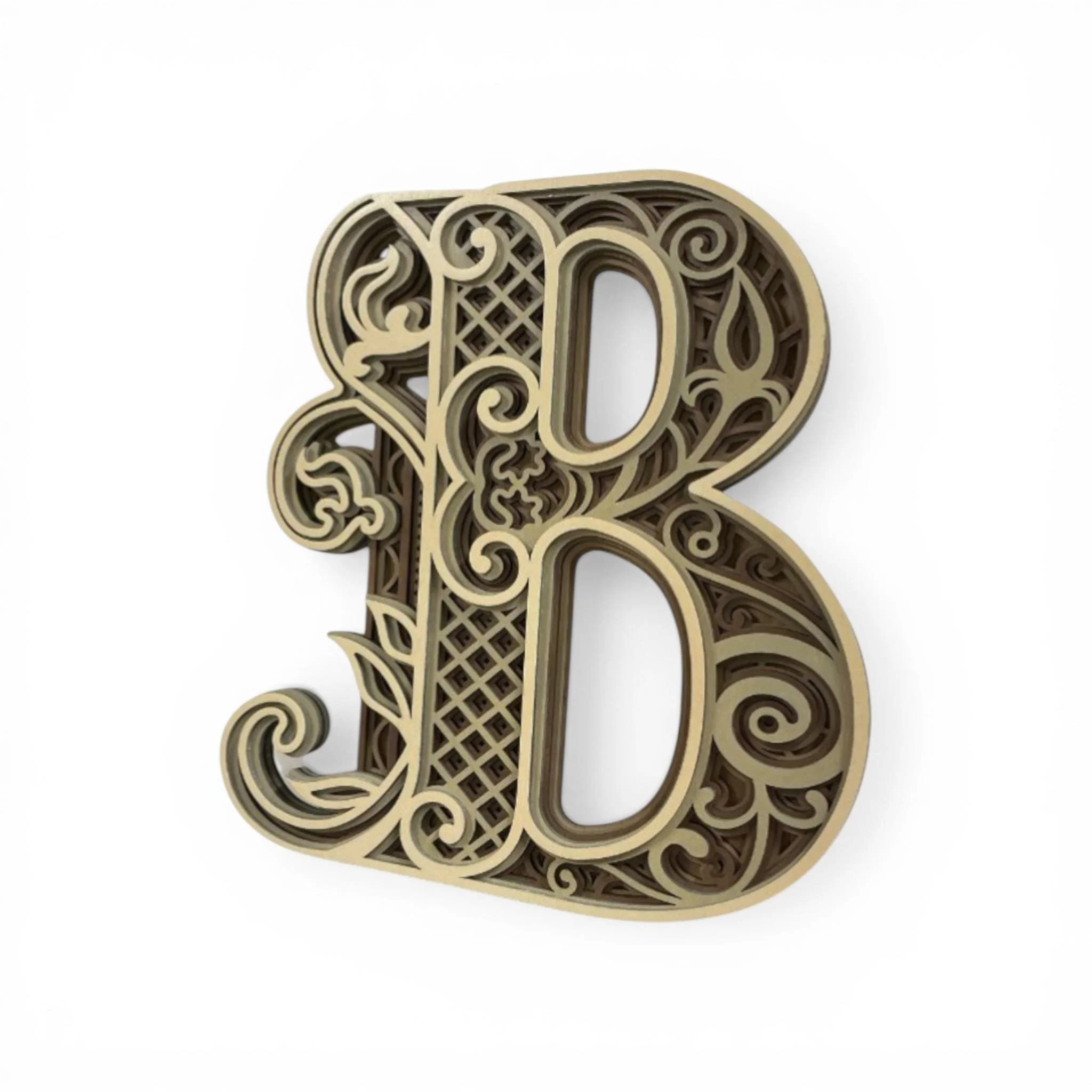 angled view of layered wood letter B, 5 layer dimensional wall art showing depth and shadow detail