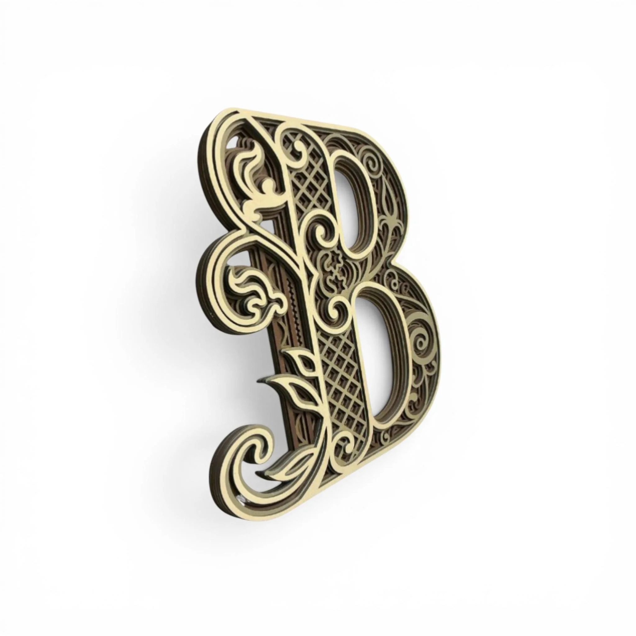 side angle of 5 layer letter B wood art highlighting stacked layers and dimensional craftsmanship