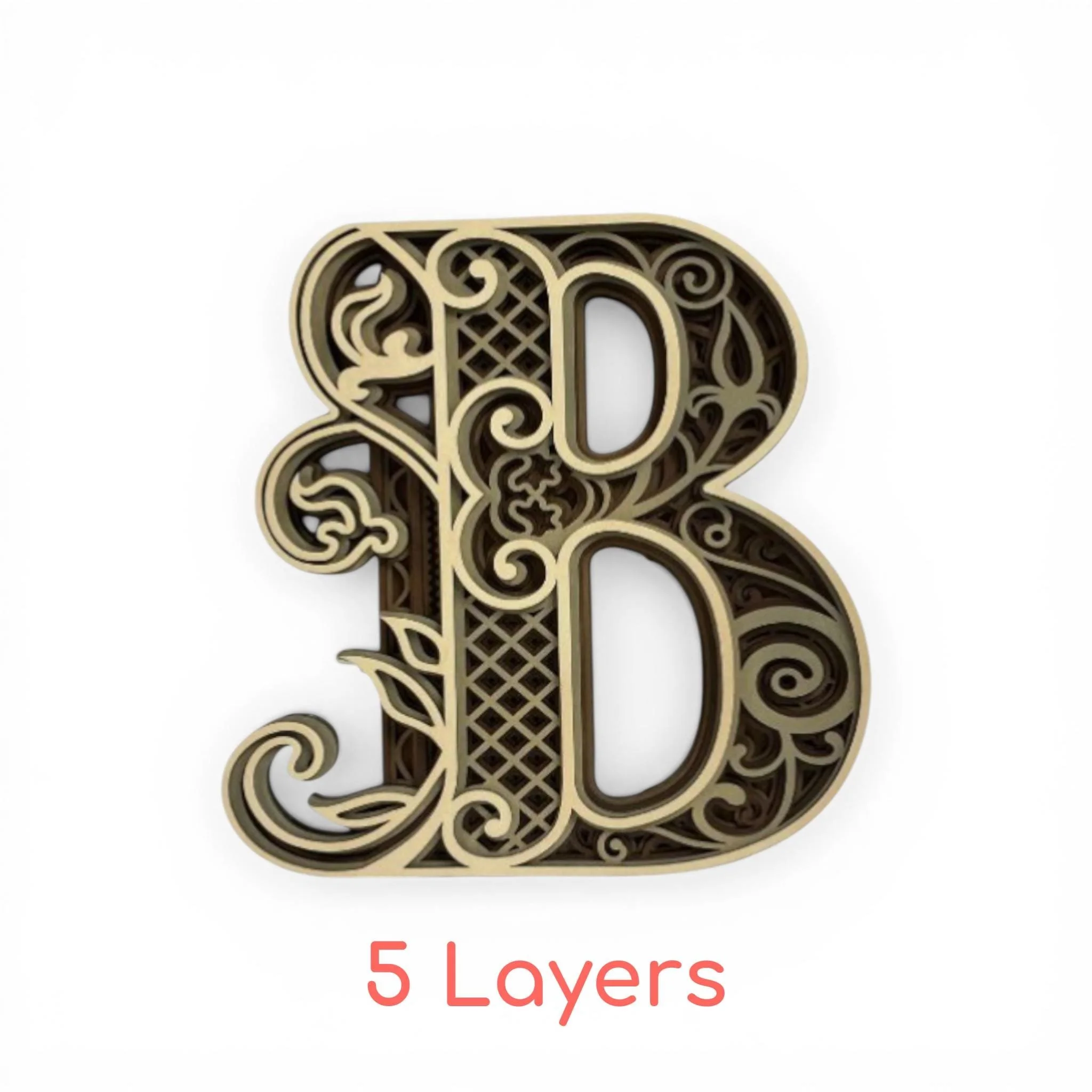 5 LAYERED WOOD LETTER B WALL ART SHOWING CLEAN FINISH AND READY TO HANG DESIGN.