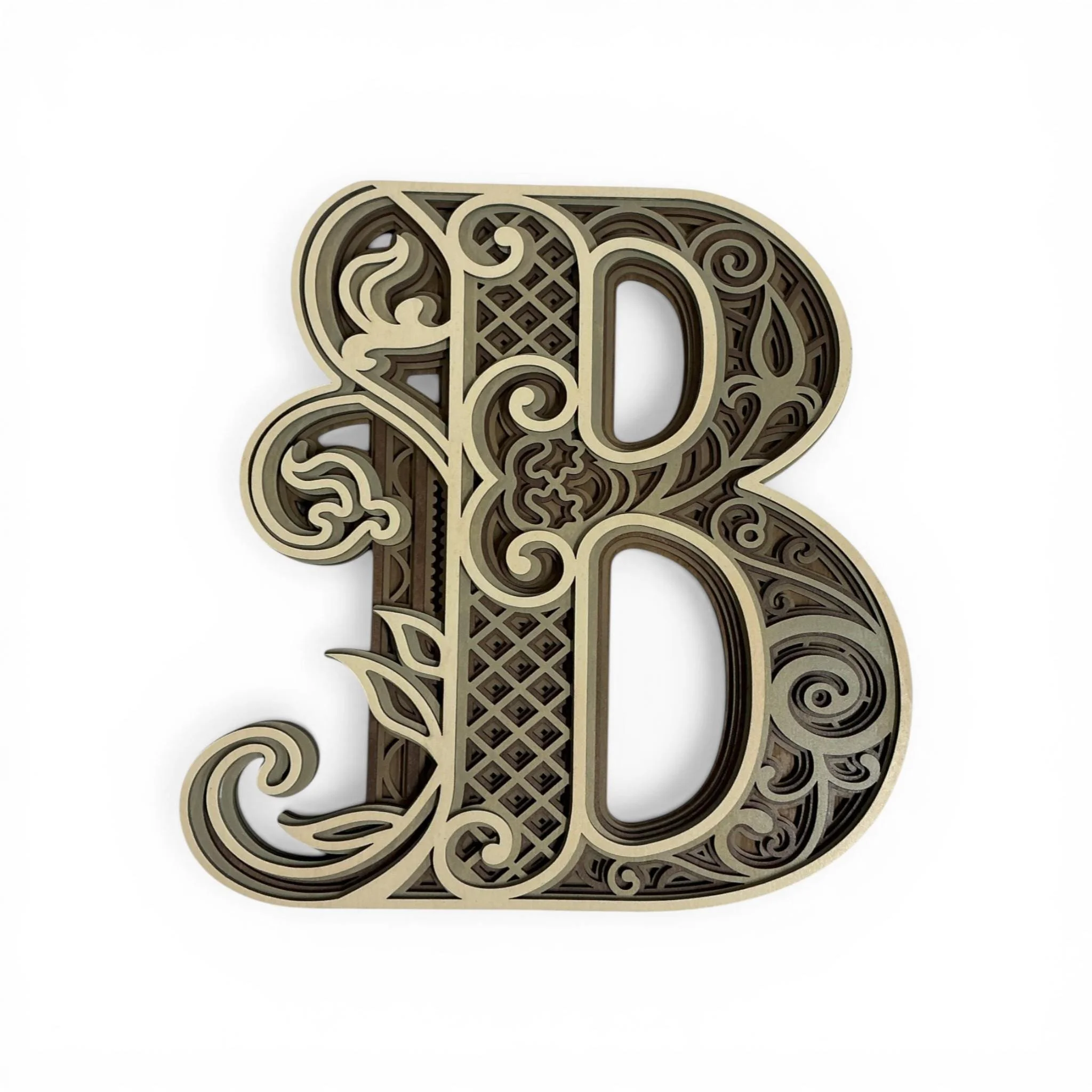 detailed view of 5 layer wood letter B showing layered depth and handcrafted assembly