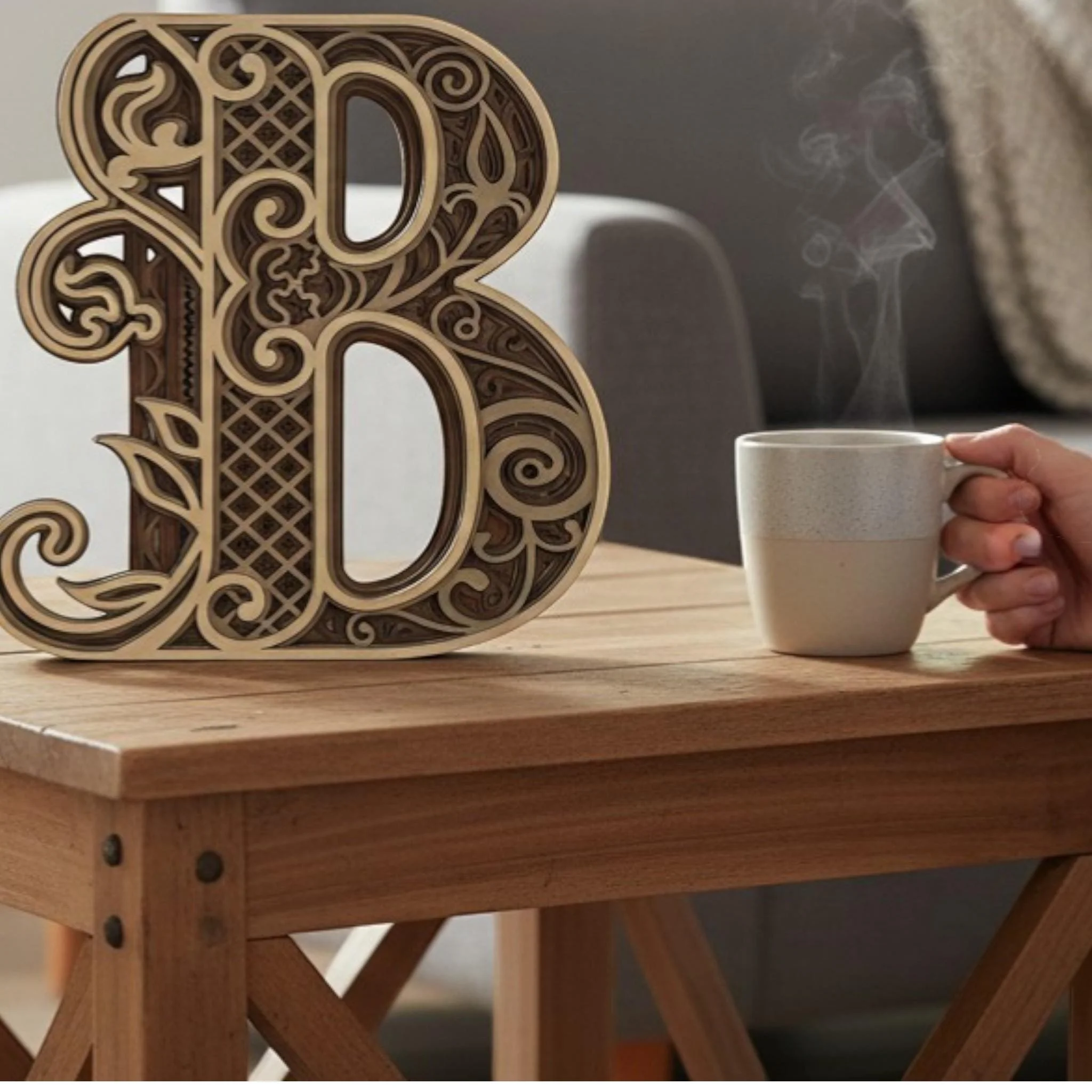 letter B layered wood wall art displayed on table rustic farmhouse initial decor