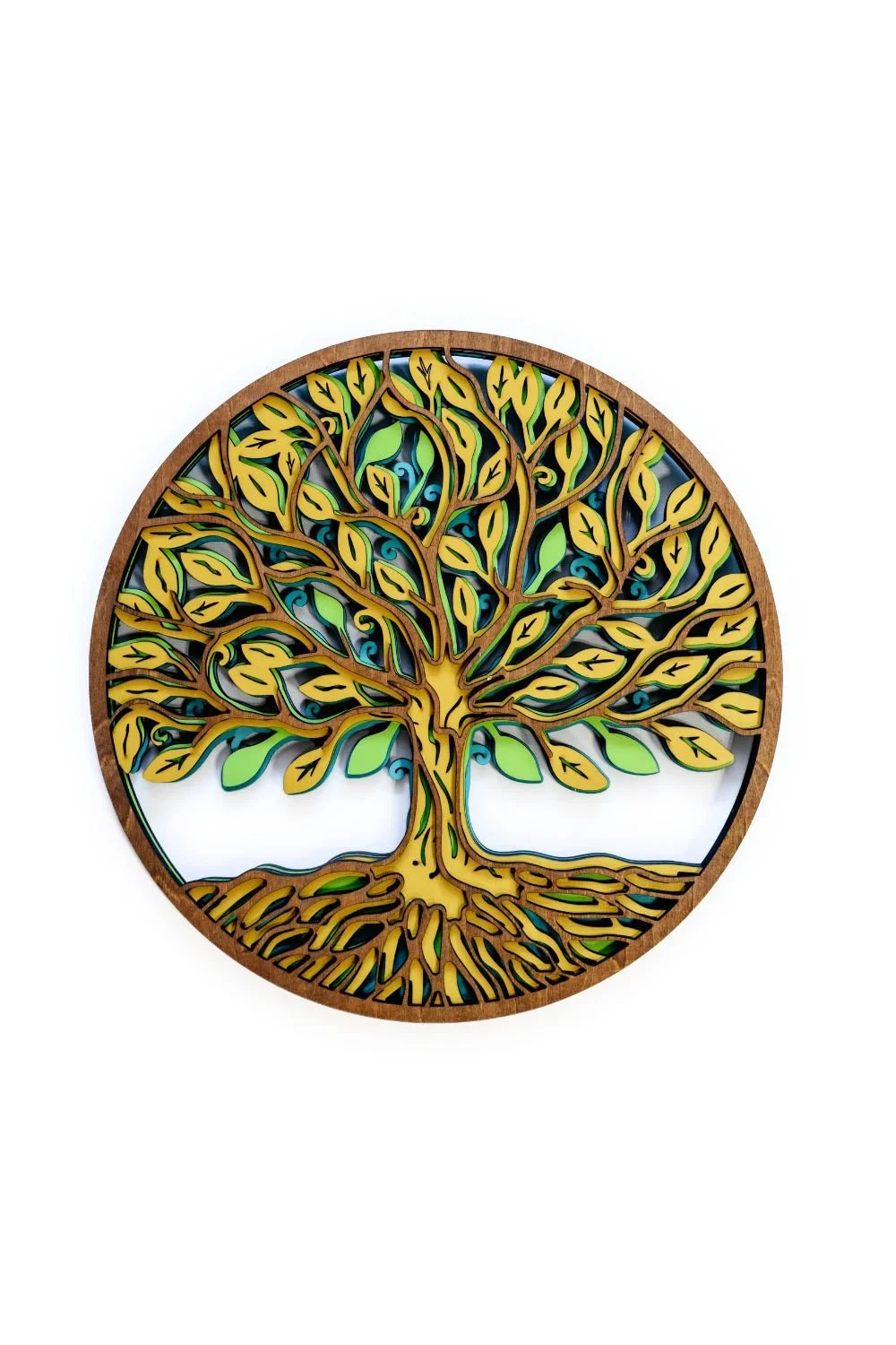 Front view of layered Tree of Life wooden wall art showing detailed branches and roots