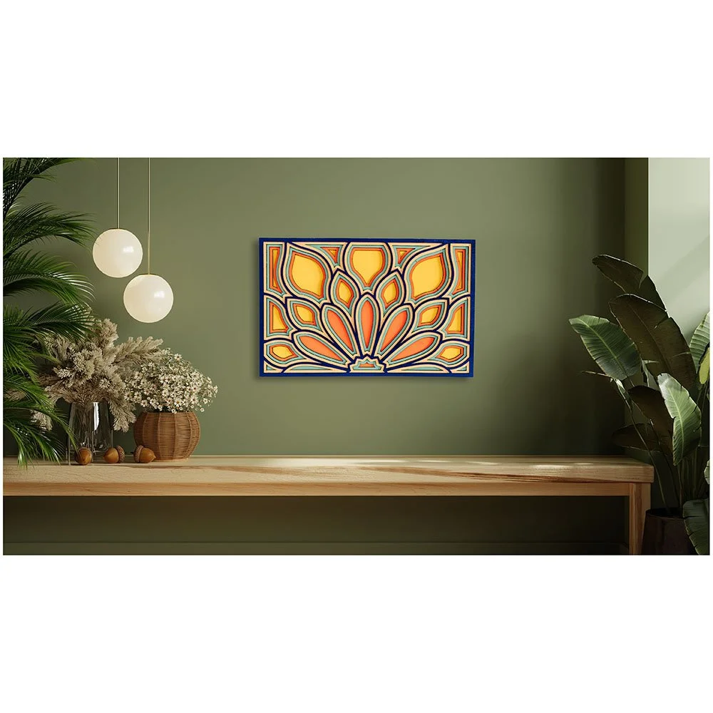 Handcrafted flower petal burst wood art featuring precision laser-cut layers and clean edges