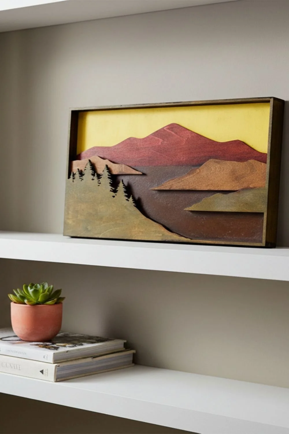 Mountain scene wood wall art displayed horizontally, demonstrating wide landscape format and composition.
