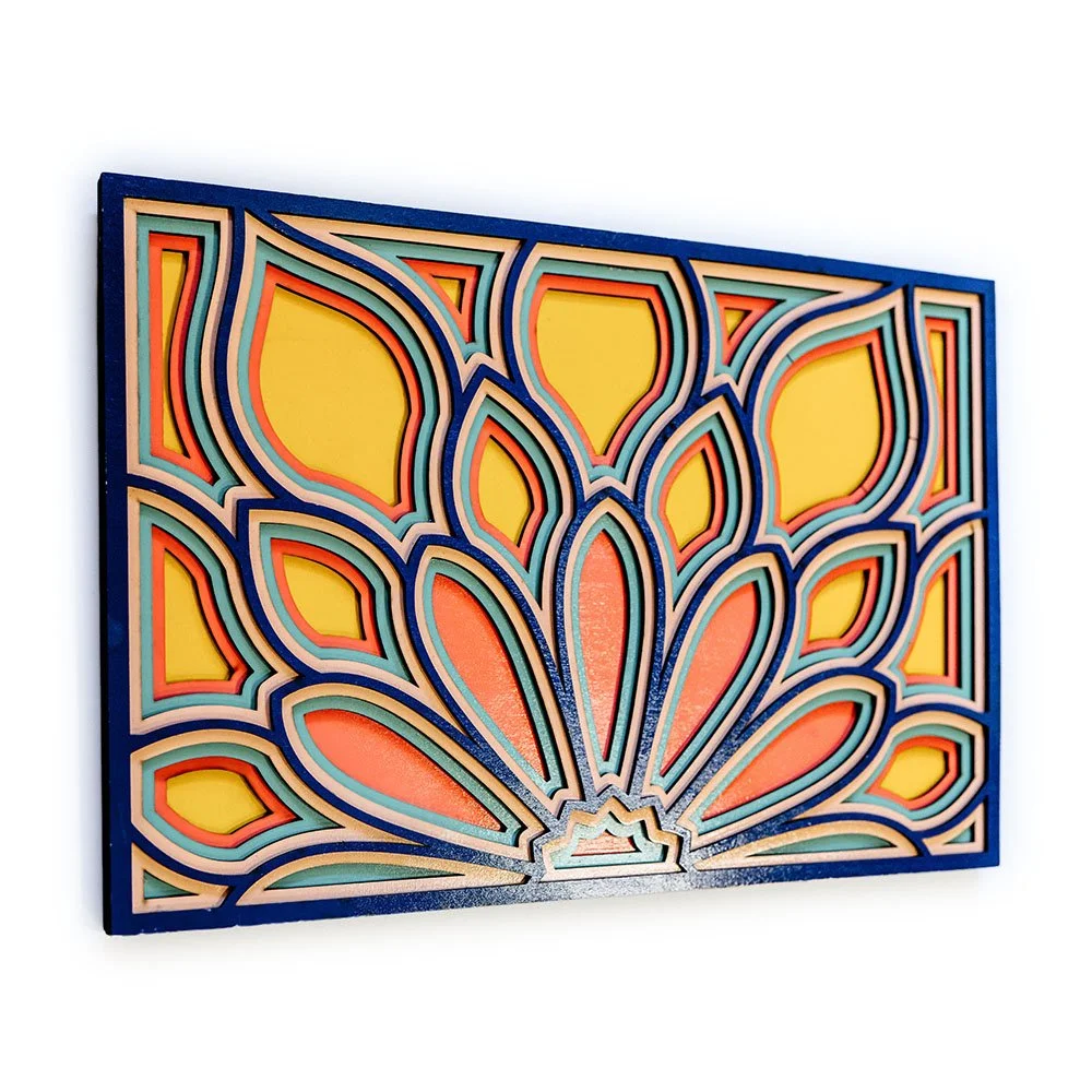 Angled view of flower petal burst wooden wall art highlighting depth and layered construction