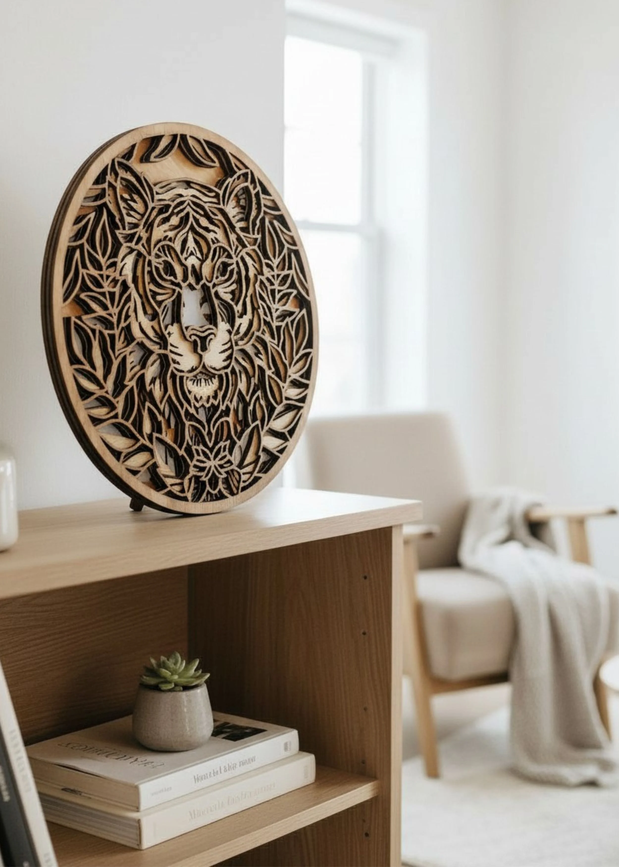 Round lion mandala wood art styled on table shelf in modern rustic interior