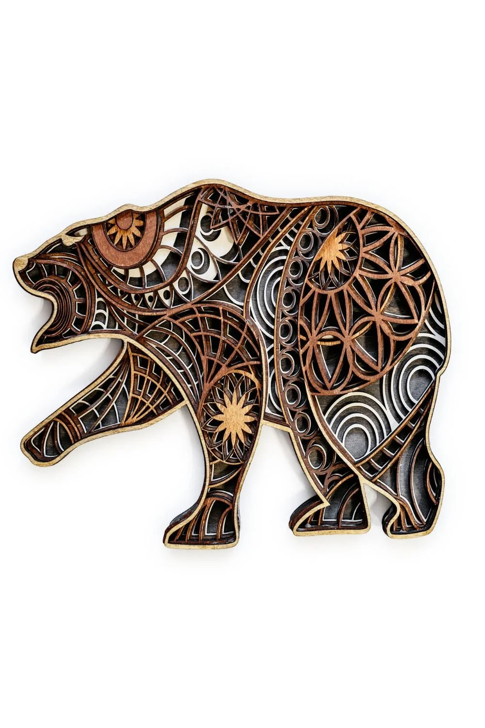 Bear Mandala Wood Wall Art, 6 Layer Laser Cut Wildlife Decor, Handcrafted Wooden Bear Mandala, Rustic Cabin Nature Wall Art