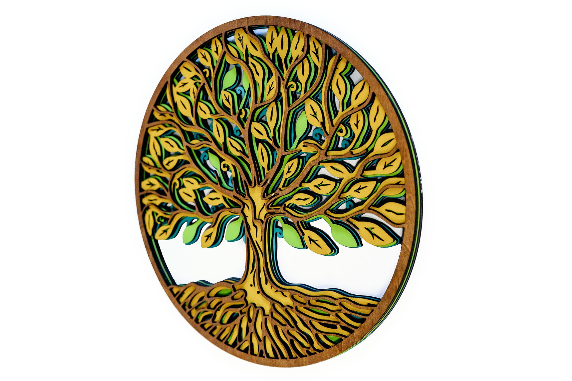 Tree of Life layered wood art shown at an angle highlighting stacked wooden layers and depth