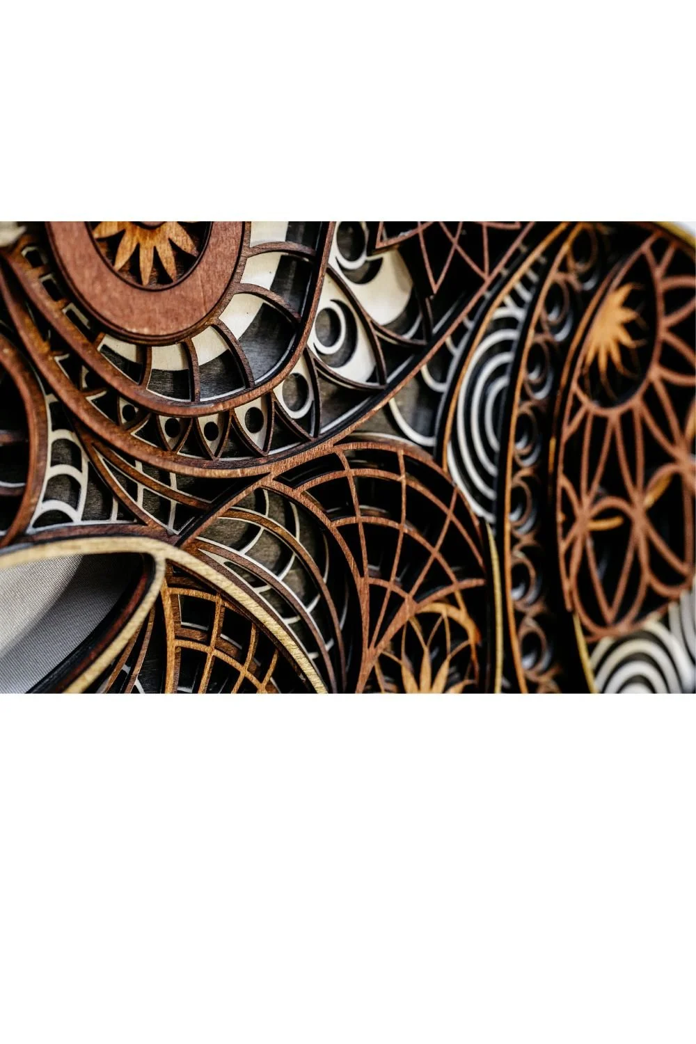 Close-up of bear mandala wood art featuring intricate laser-cut patterns and natural wood texture.