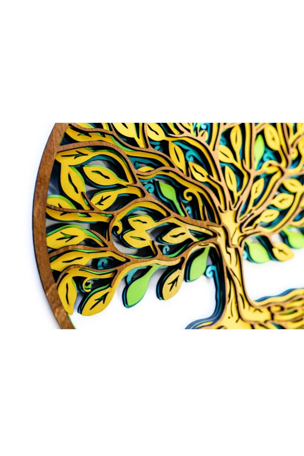 Detailed view of Tree of Life wall decor highlighting natural wood grain and handcrafted finish
