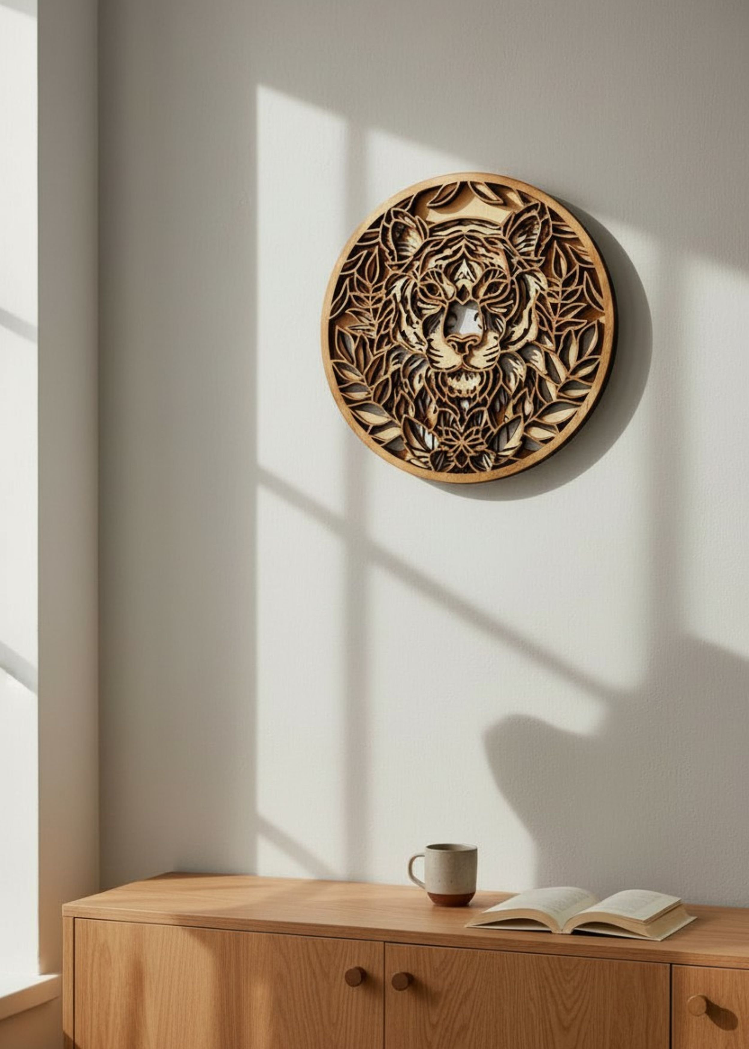 Lion mandala wood wall art displayed on  wall in home decor setting