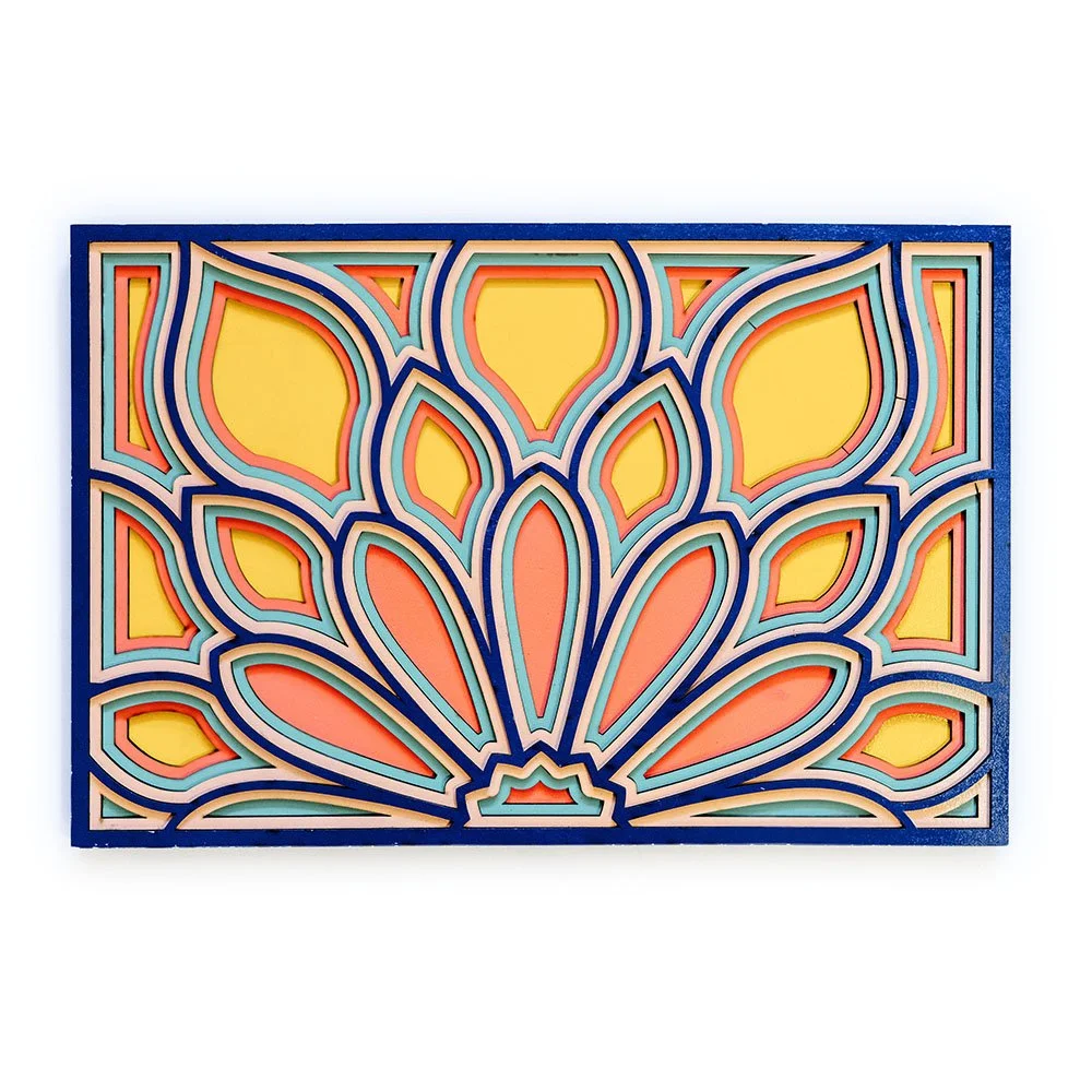 Layered flower petal burst wood wall art with five laser-cut layers forming a dimensional floral design in stained and painted wood tones