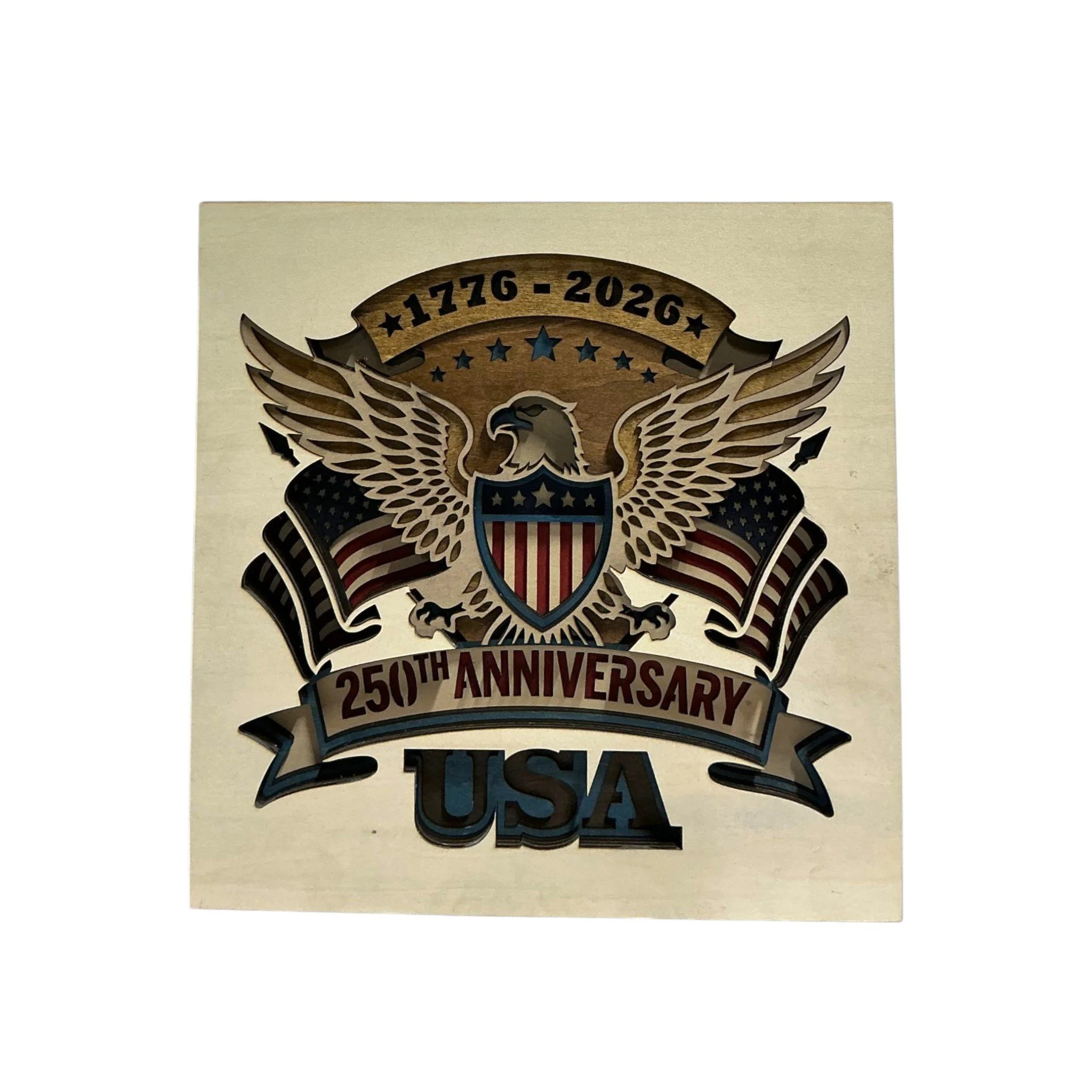 250th Anniversary USA Eagle Wood Art | Patriotic Layered Wall Decor | American Eagle Flag Art | 10 Layer Handmade Wooden Sign | 11x11