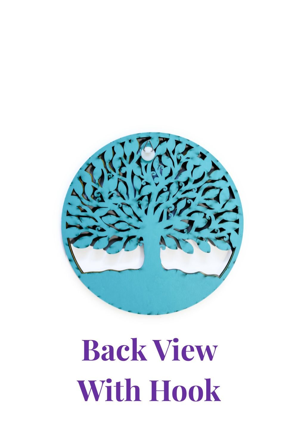 Handcrafted Tree of Life wood art back view with hanging hardware.