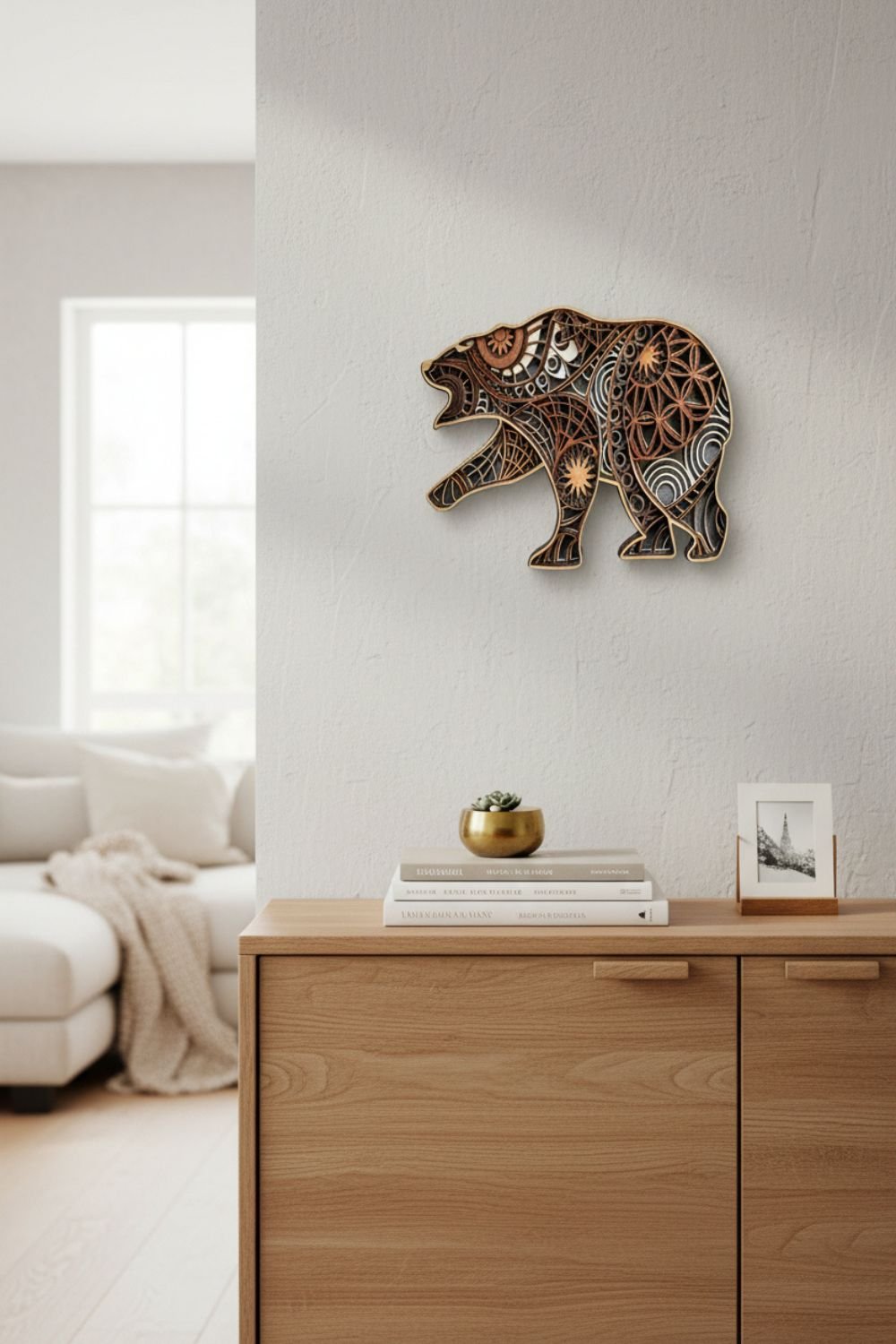 Bear mandala layered wood art styled in a cabin or lodge setting for rustic wall decor inspiration.