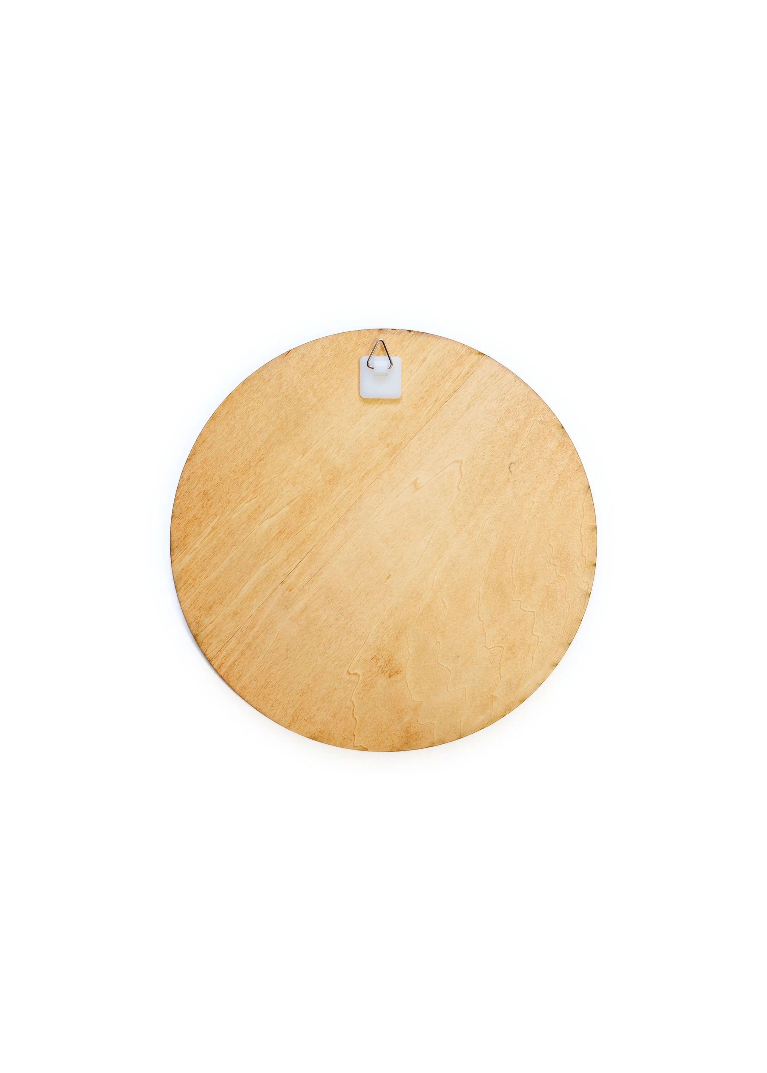 Back view of round lion mandala wood wall art with hanging hardware attached