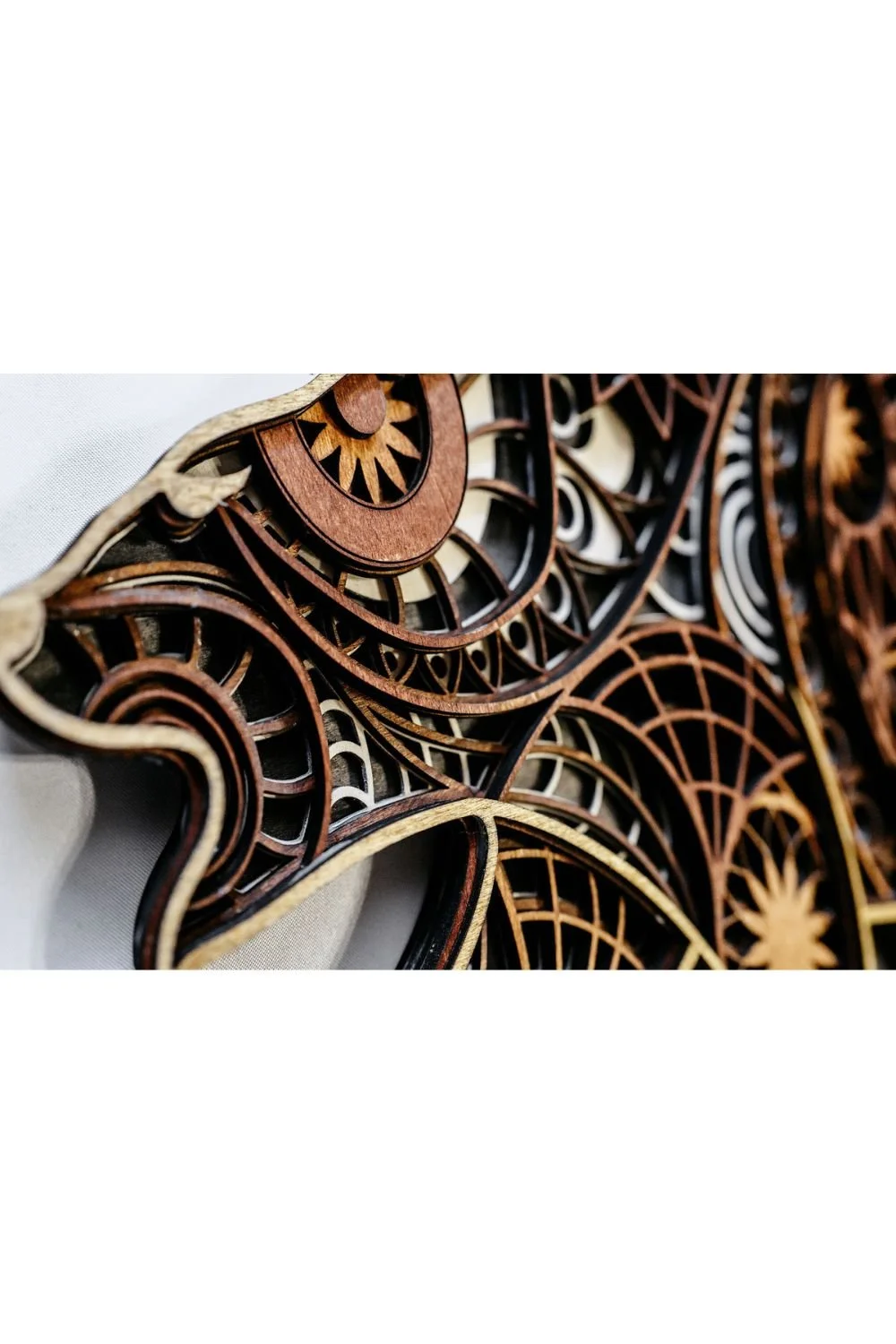 Detailed view of mandala design within the bear silhouette, showcasing symmetry and craftsmanship.