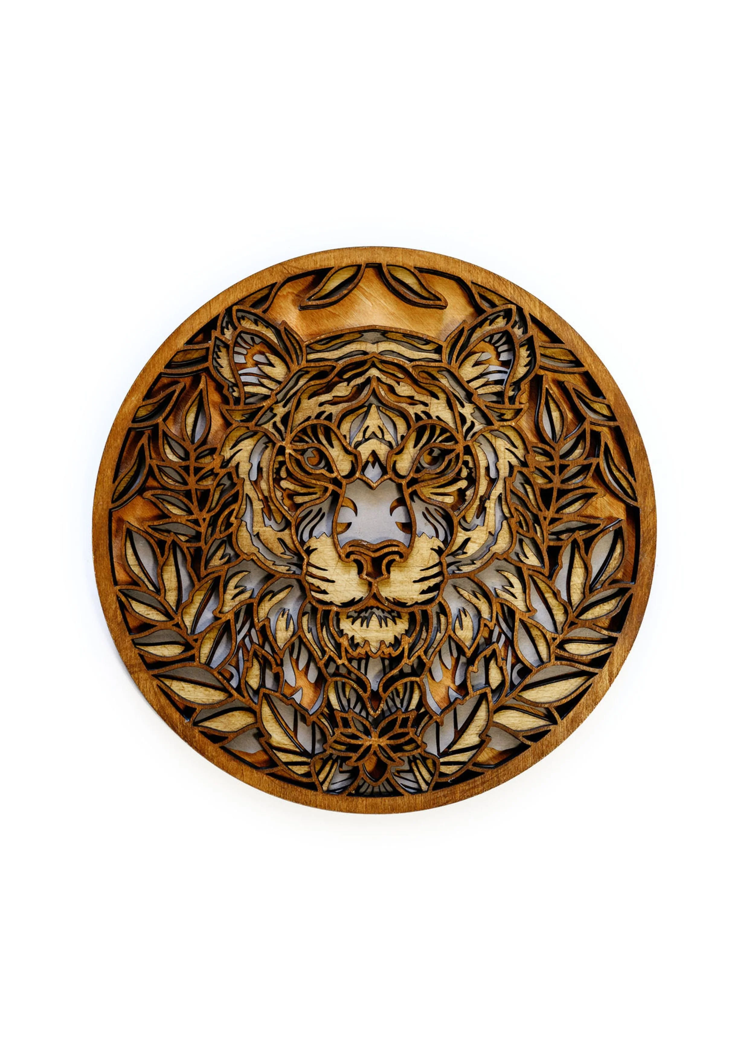 Lion mandala wood wall art, layered laser cut lion design in stained basswood