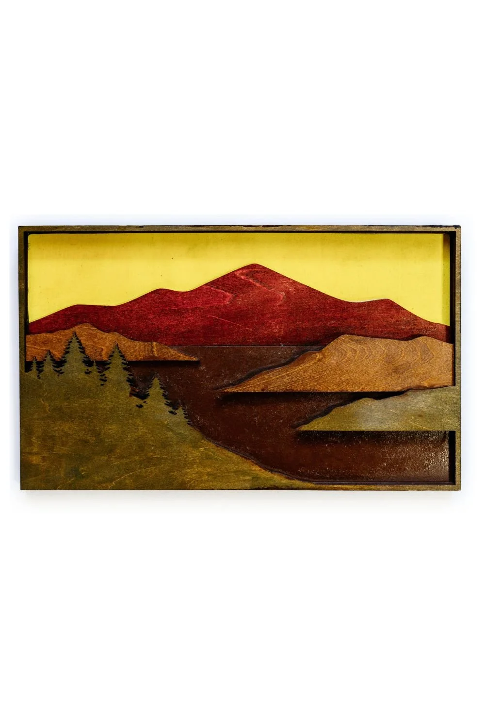 Mountain scene wood wall art featuring layered mountains, trees, and landscape details with handcrafted depth.