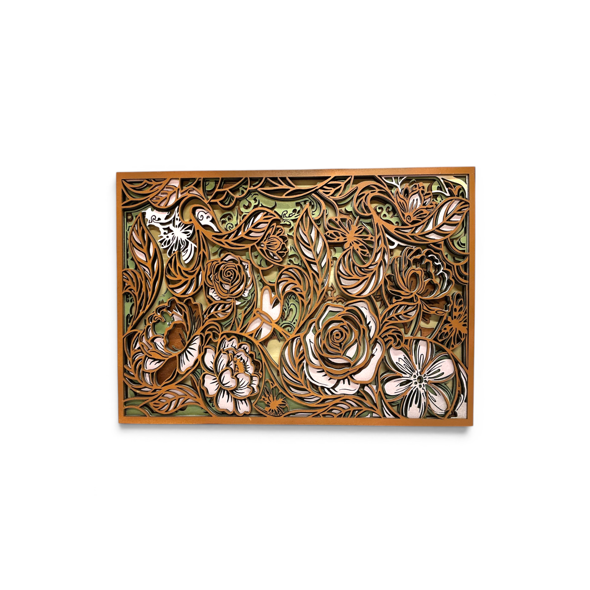 Floral Layered Wood Wall Art | 5 Layer Botanical Decor | Rose Wall Hanging | Handmade Flower Artwork | Cottagecore Home Decor | 14x10