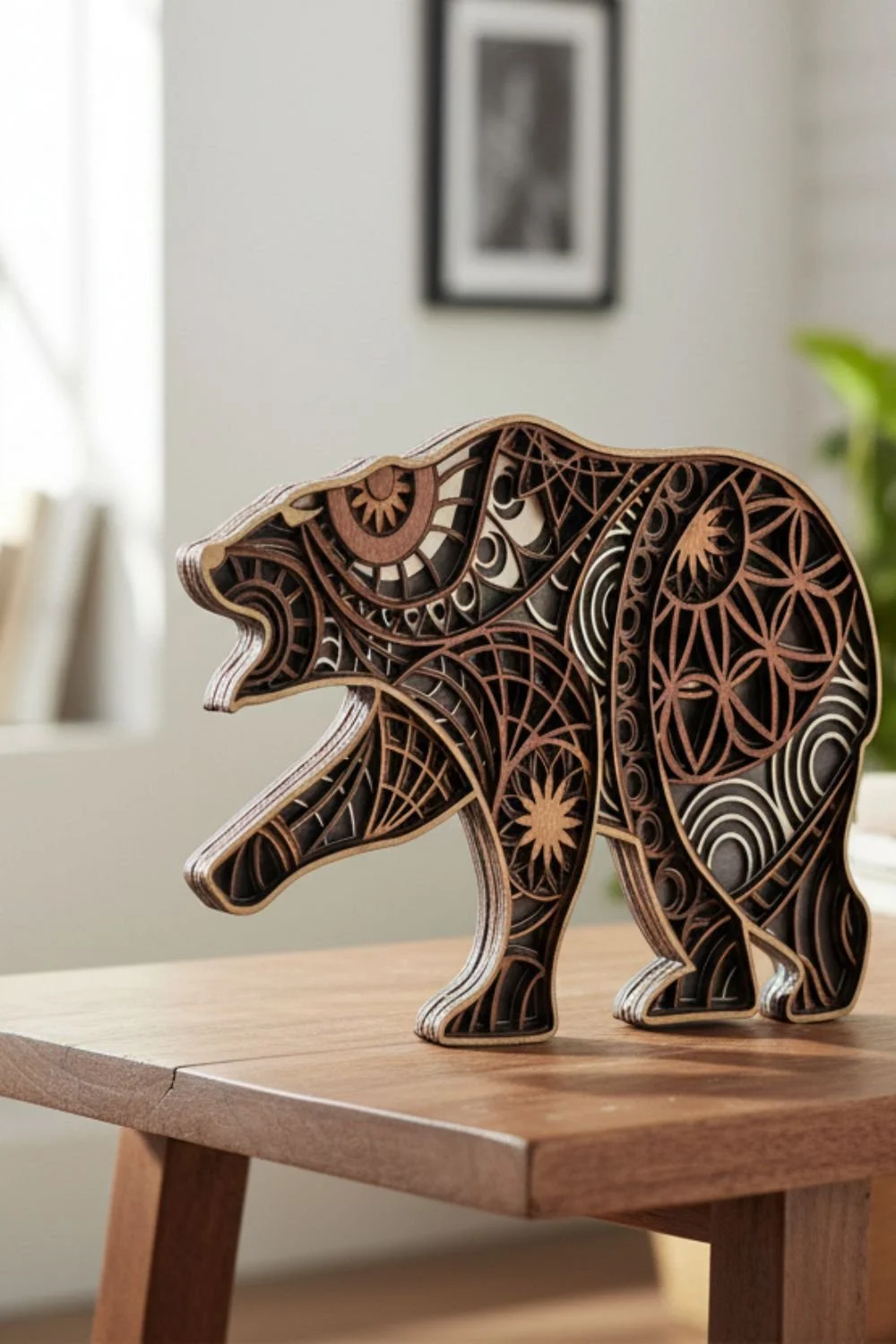 Bear mandala wood wall art displayed in a rustic or nature-inspired living space.