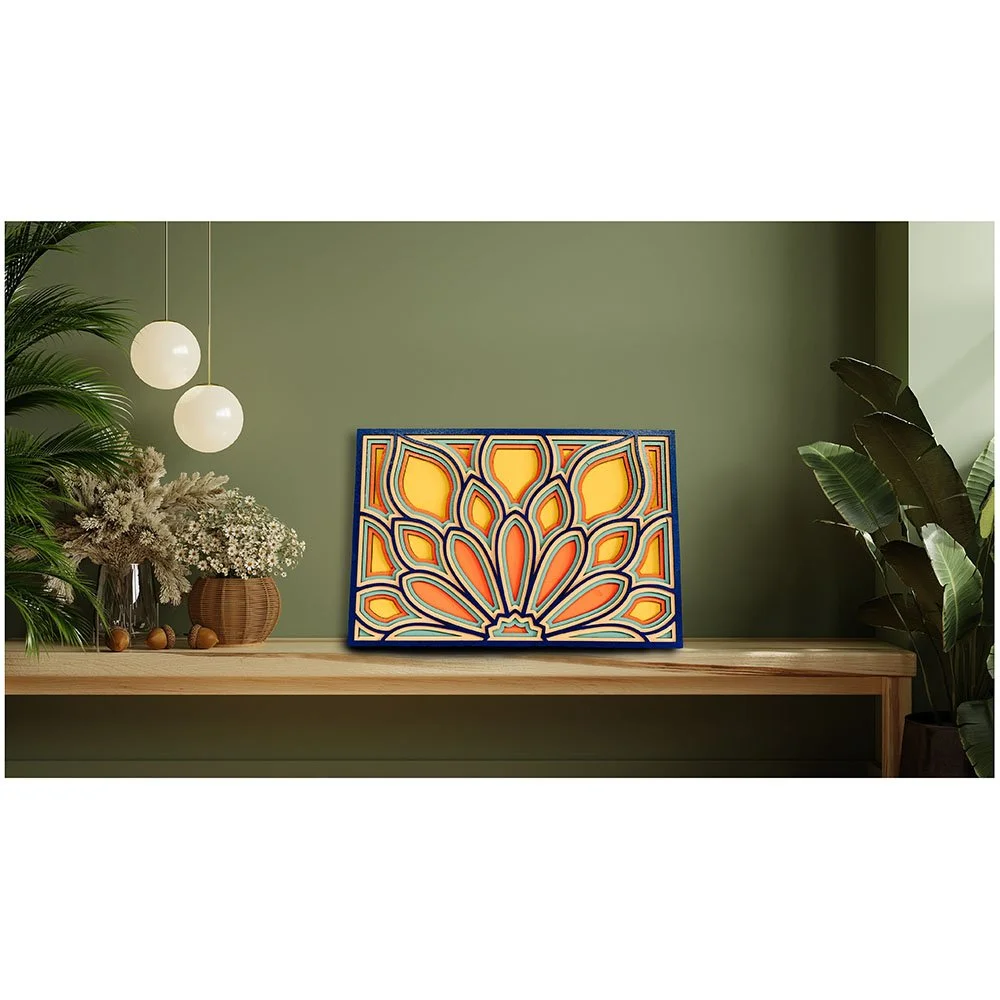 Flower petal burst layered wood wall art displayed on a neutral wall as modern floral home decor
