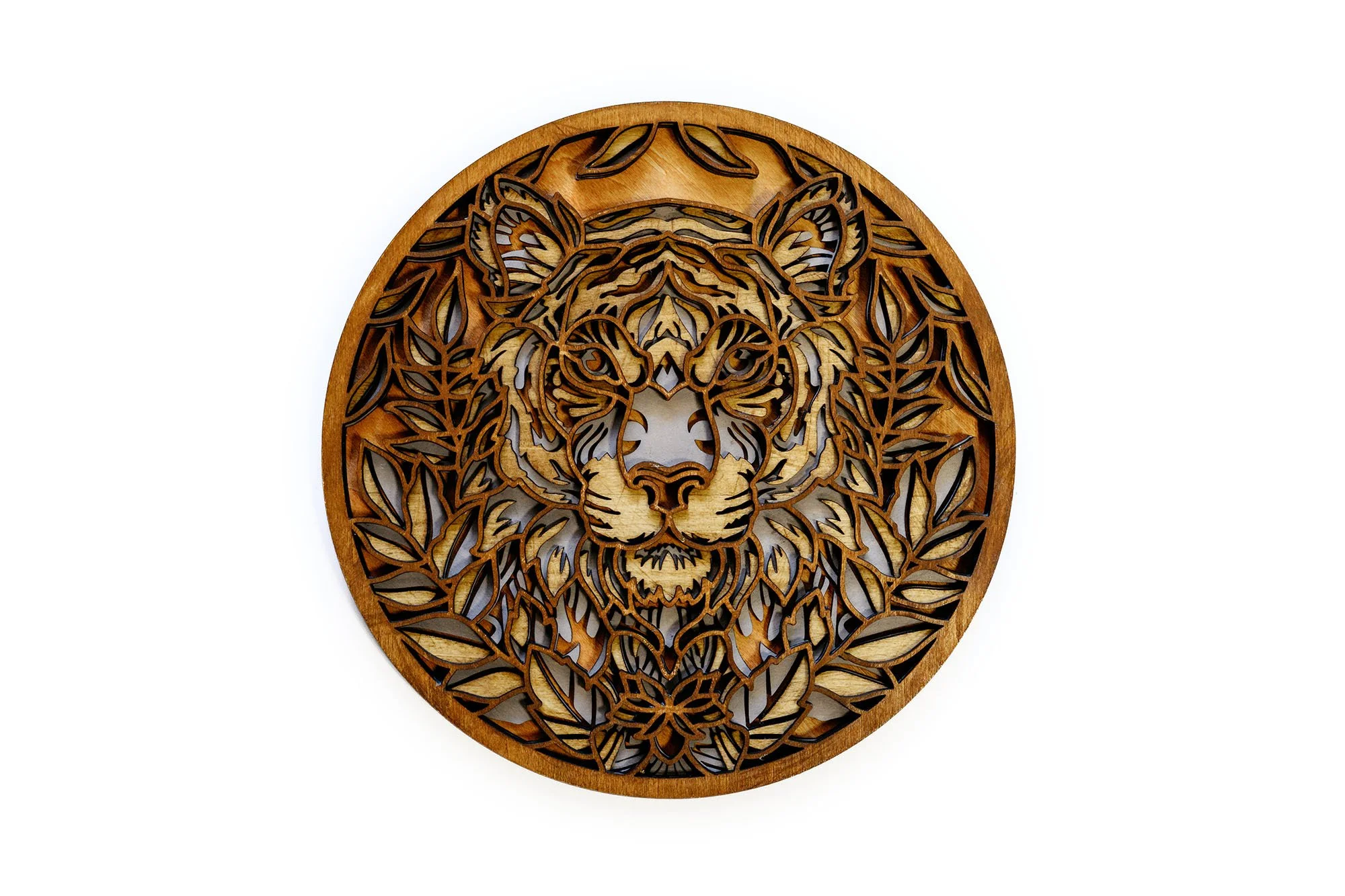 Lion Mandala Wood Wall Art – 4-Layer Round Stained Basswood Decor