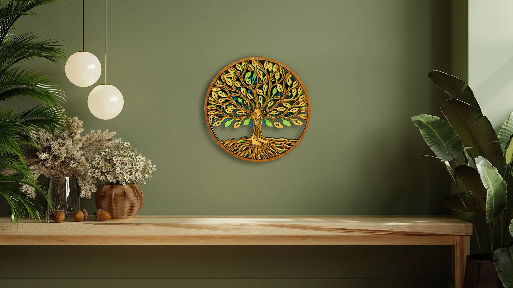 Tree of Life layered wood wall art displayed on a wall in a rustic home interior