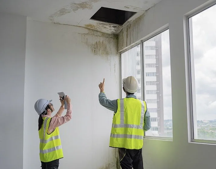 Two facility managers assessing water damage in a building.