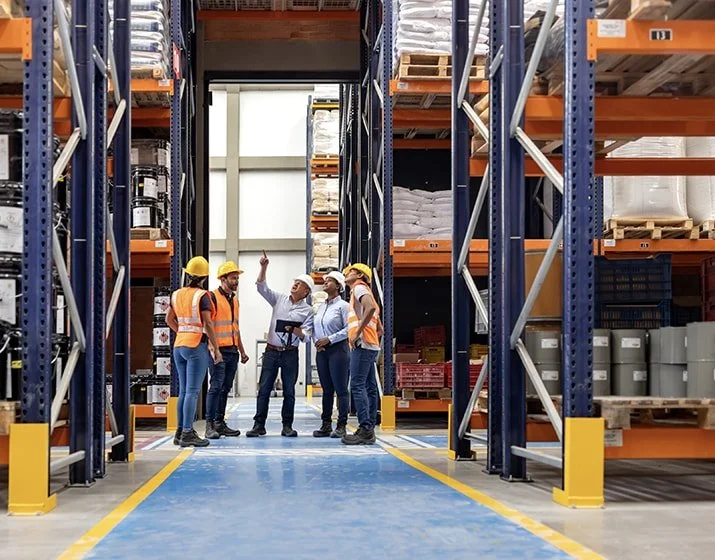Facility managers discussing work in a storage warehouse.