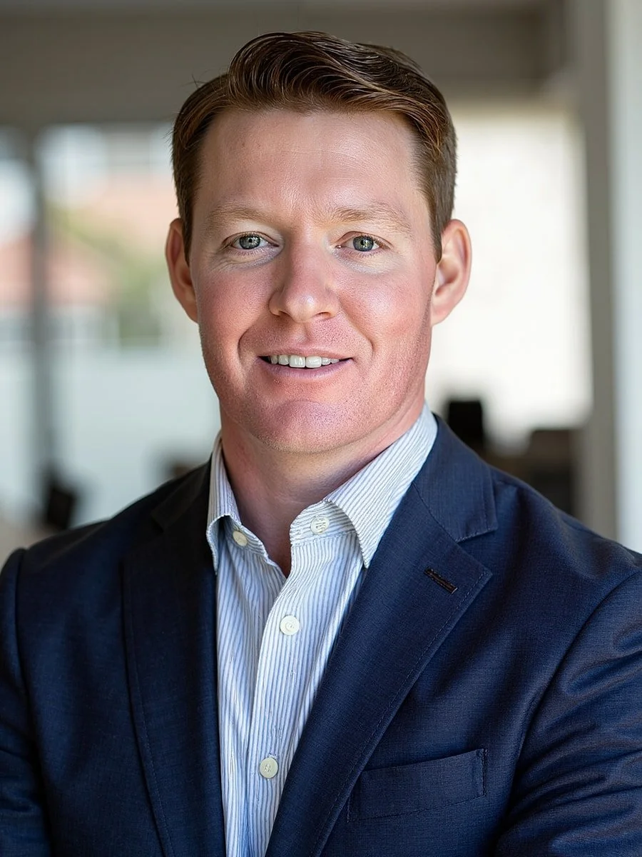 Portriat of Kevin Remmey in a blue suit in the office.