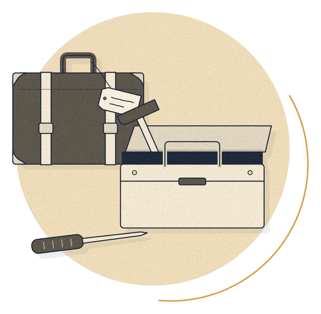 An open toolbox with a hammer inside and a screwdriver set down in front, beside a suitcase with a handwritten luggage tag.