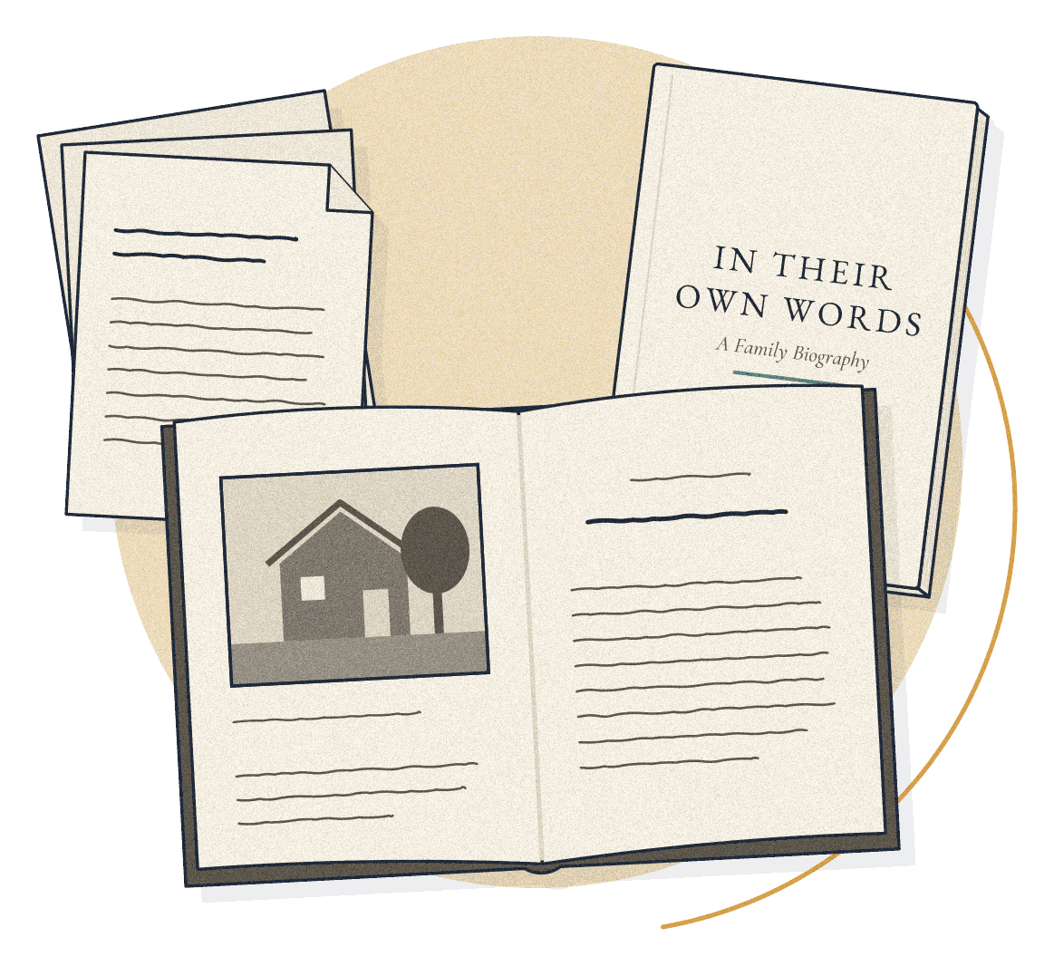 An illustrated open Family Biography with a photograph and chapter text, beside the closed printed book and loose manuscript pages.