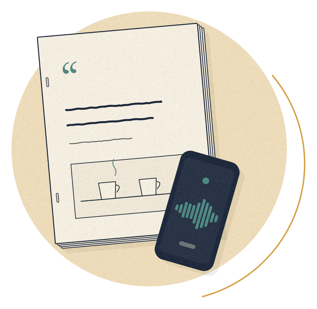 Illustration of the Echoes Legacy Interview Kit, a printed guide, with a phone recording beside it.