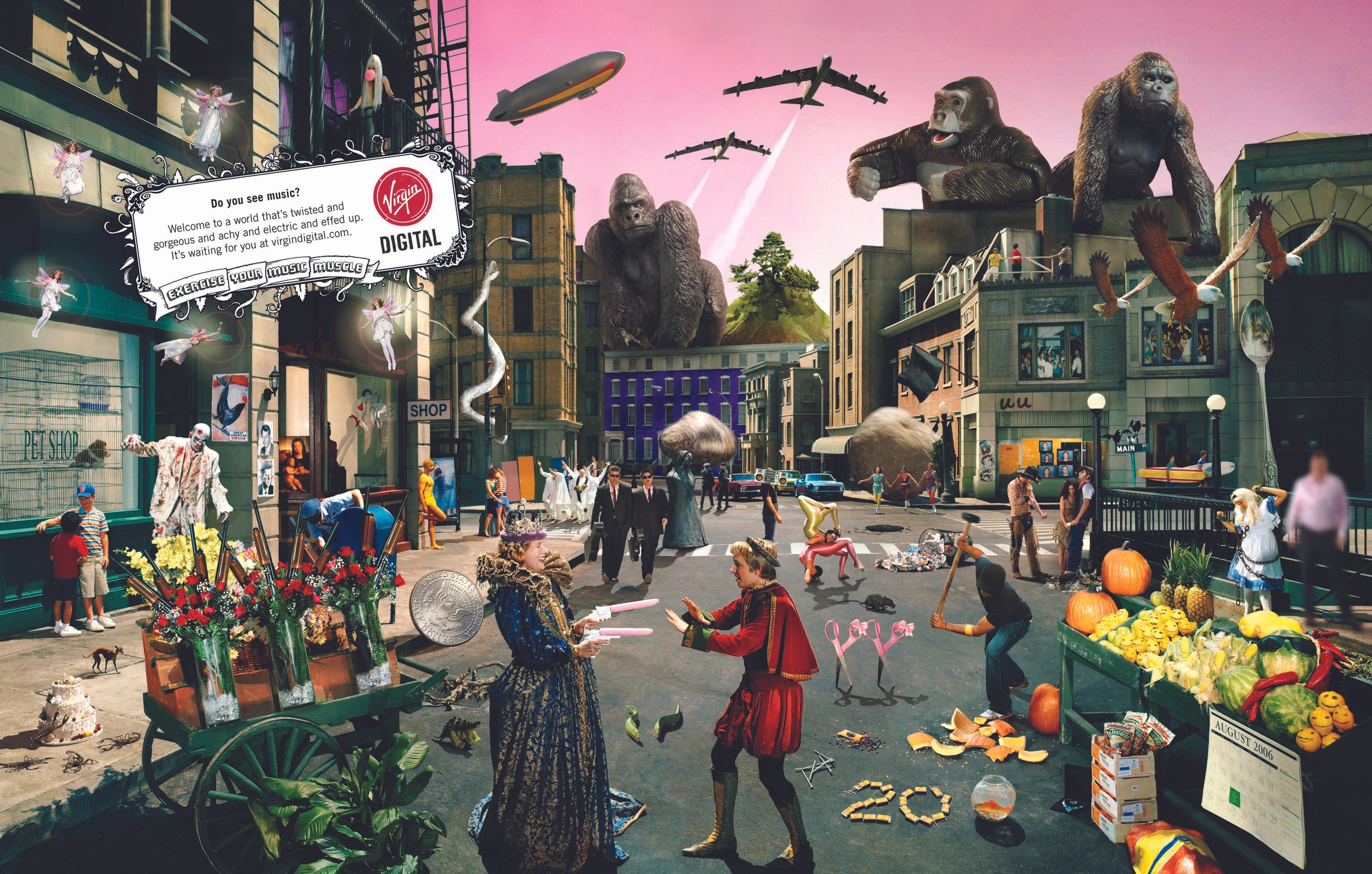 A surreal city street scene with giant gorillas, abstract sculptures, flying aircraft, and people in colorful costumes. Includes a pet shop, market stalls with pumpkins and fruits, and an alien-like sculpture amidst lively activities.