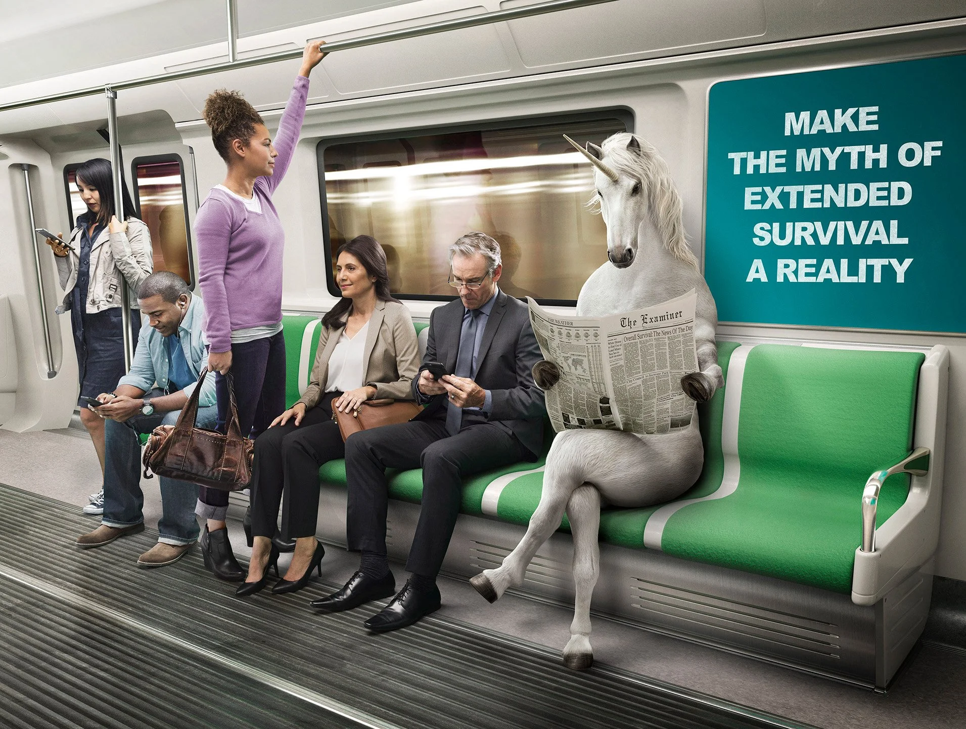 A train car with five passengers, a unicorn reading a newspaper, and an advertisement that says, "Make the myth of extended survival a reality."