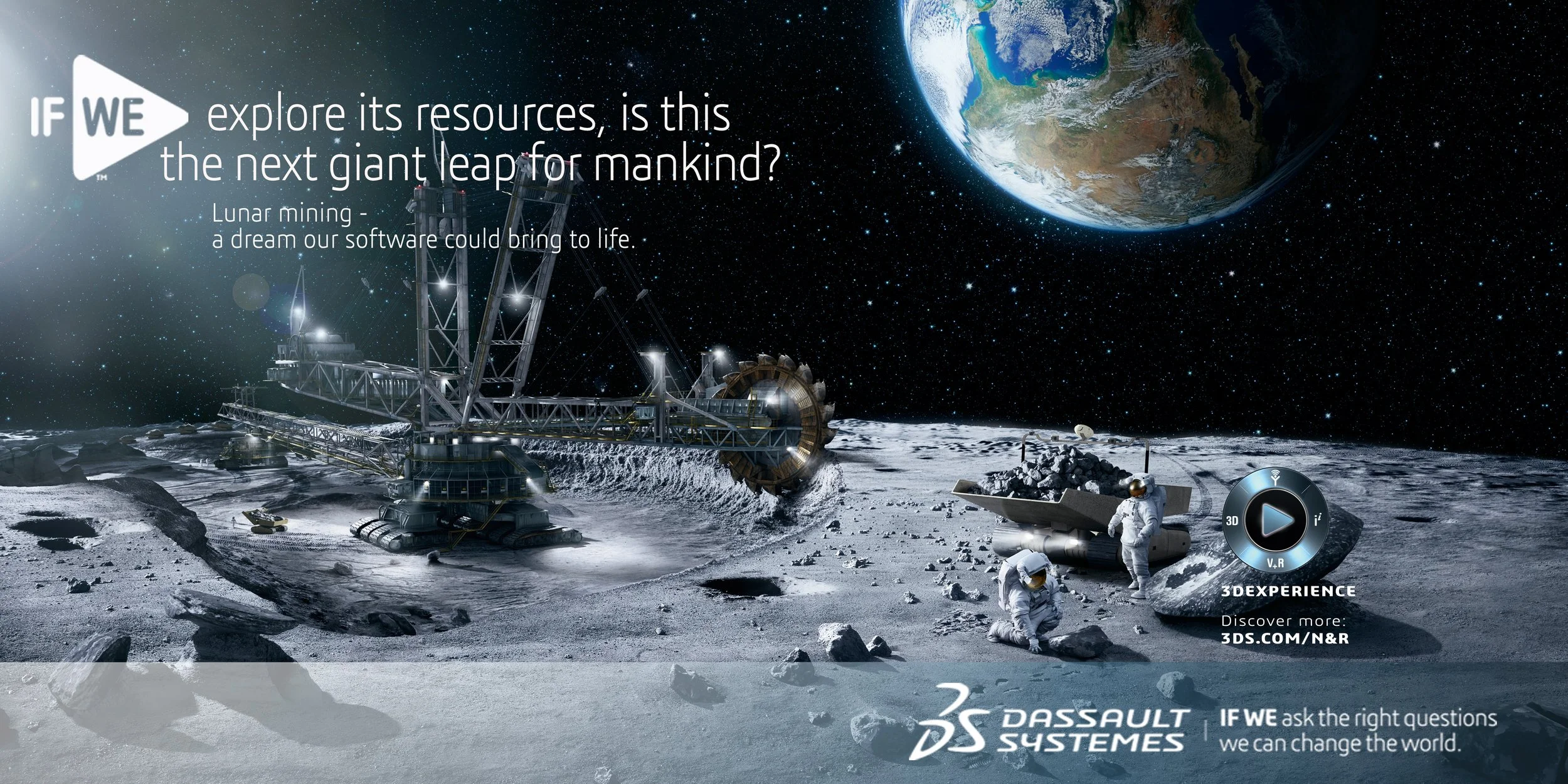 Artwork of a lunar surface with astronauts, a large lunar mining machine, and Earth in the background, with text promoting lunar mining and 3D simulation experience.