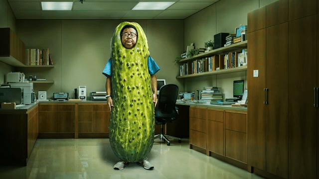 Person dressed in a cucumber costume standing in an office with shelves, a desk, and office equipment.