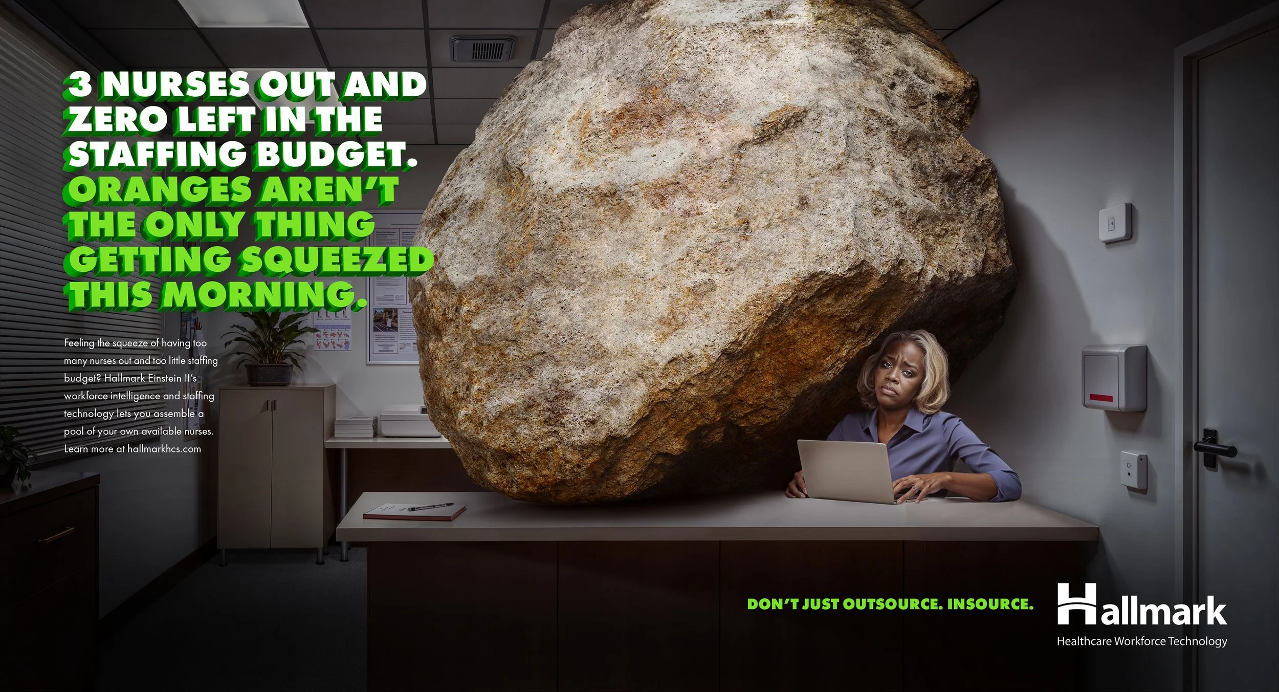 A woman sits at a desk with a laptop under a large hanging rock in an office setting, with bold green text overlay about healthcare staffing and outsourcing.