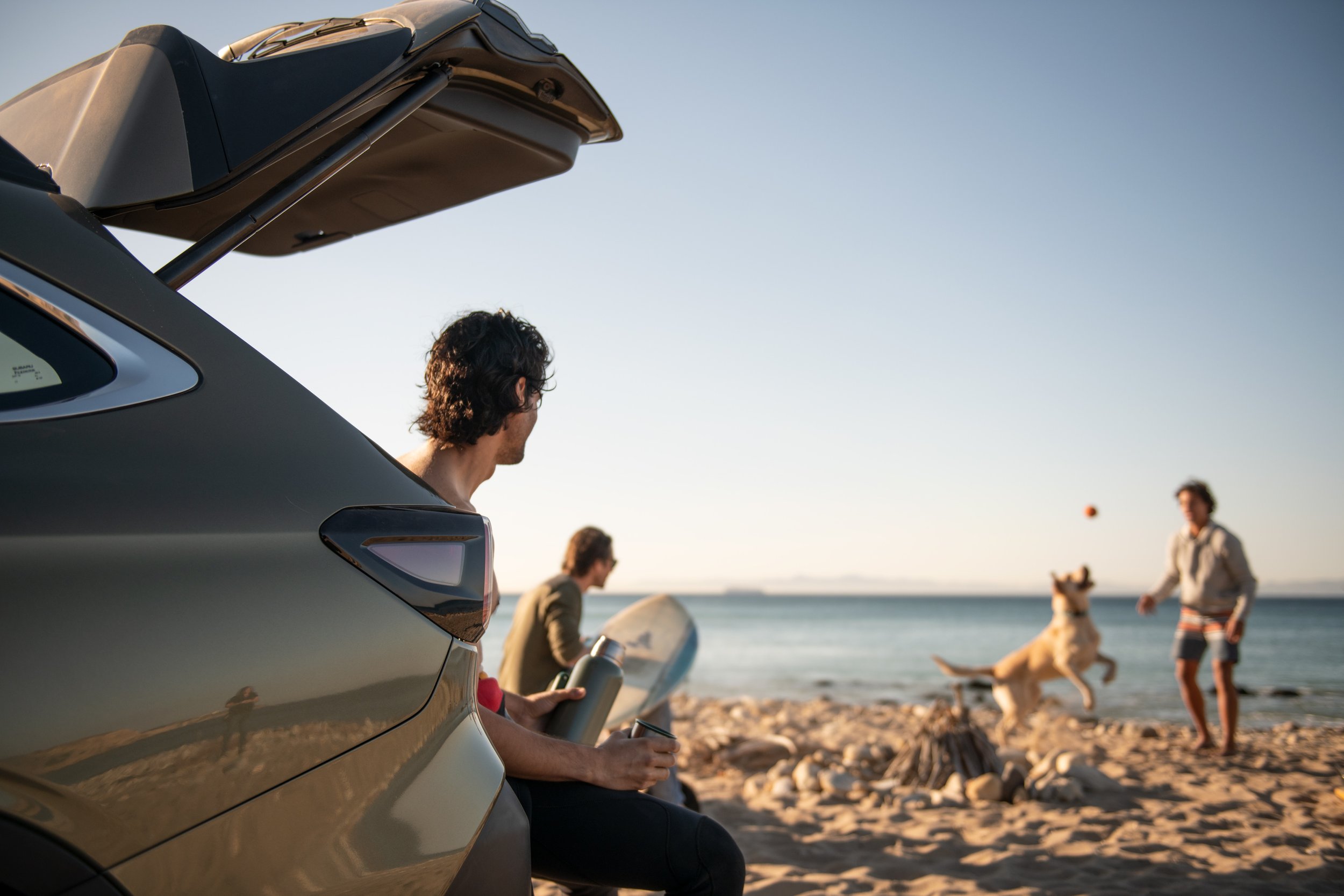 People enjoying a beach day, with one person sitting near a car and two others playing with a dog and a ball near the shoreline.
