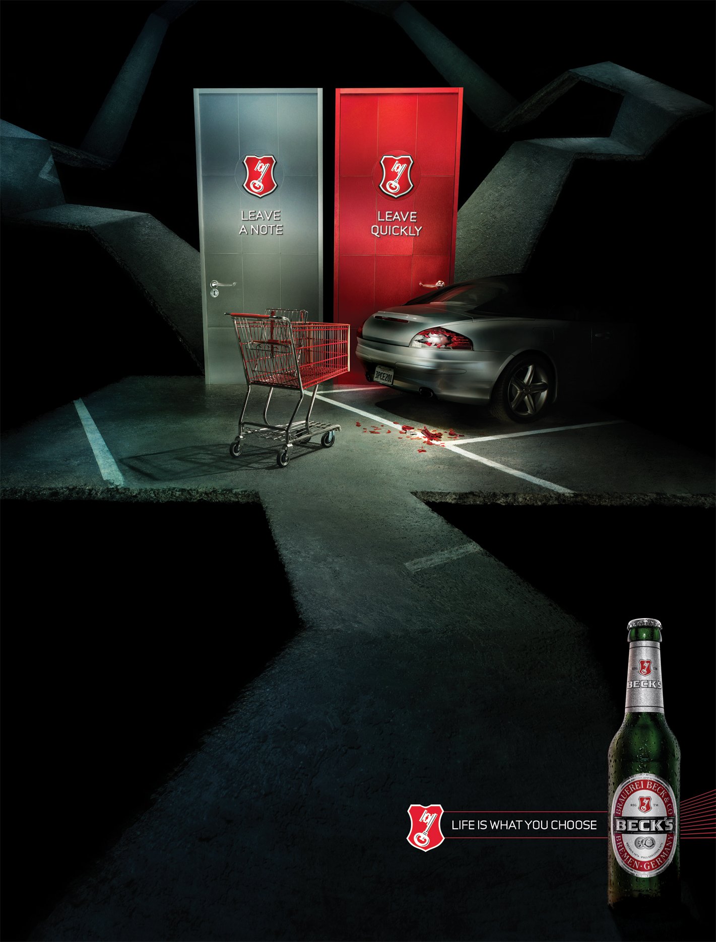 Urban parking garage with a silver car and a shopping cart in front of two doors, one labeled 'Leave a Note' and the other 'Leave Quickly,' with Beck's beer bottle and slogan 'Life is what you choose' in the foreground.
